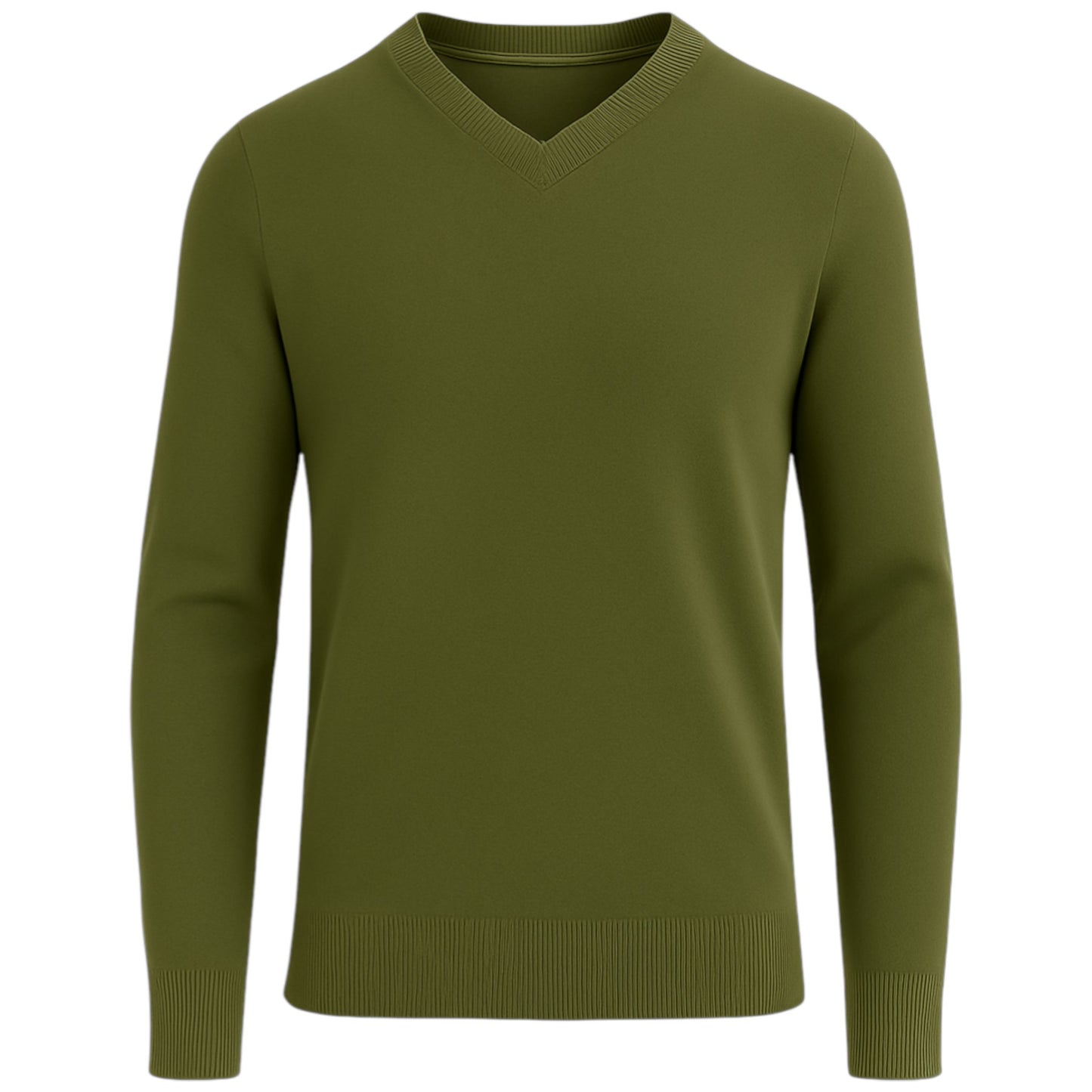 Men’s classic khaki green v-neck jumper – soft knit pullover sweater with long sleeves