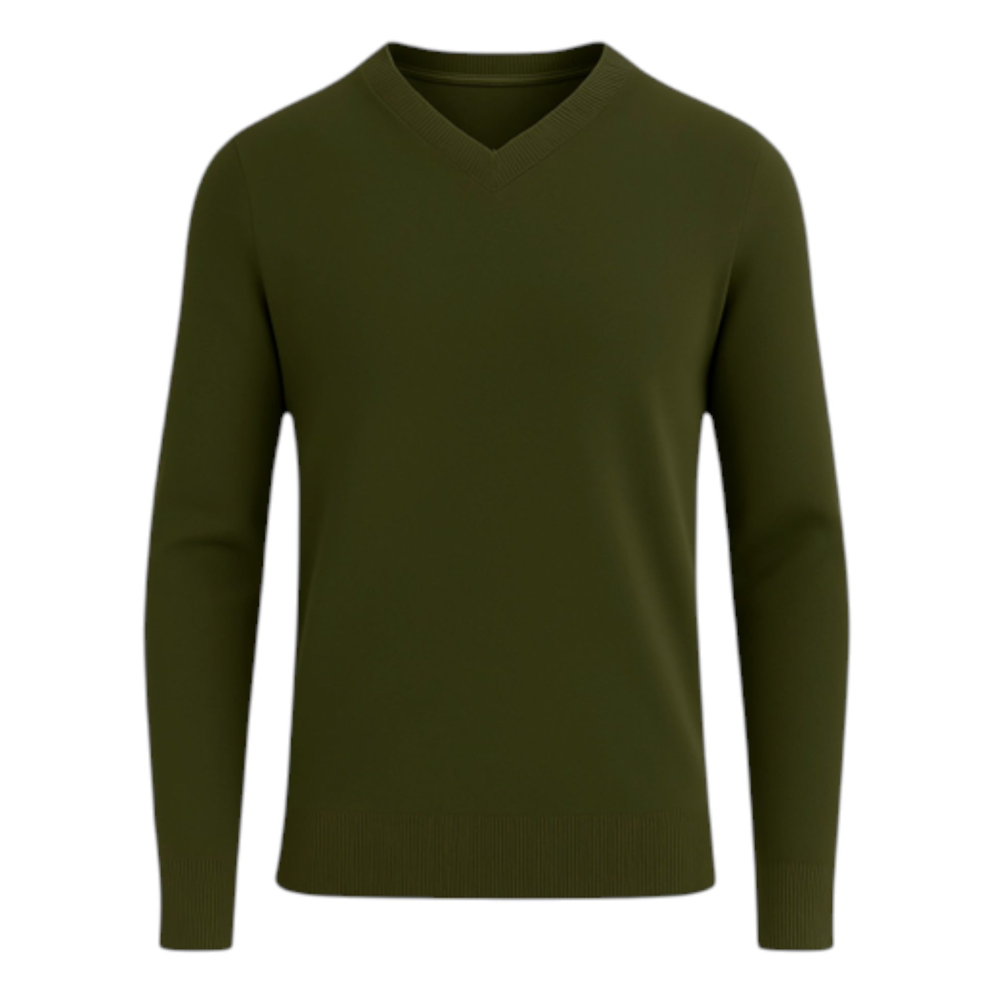 Men’s classic khaki green v-neck jumper – soft knit pullover sweater with long sleeves
