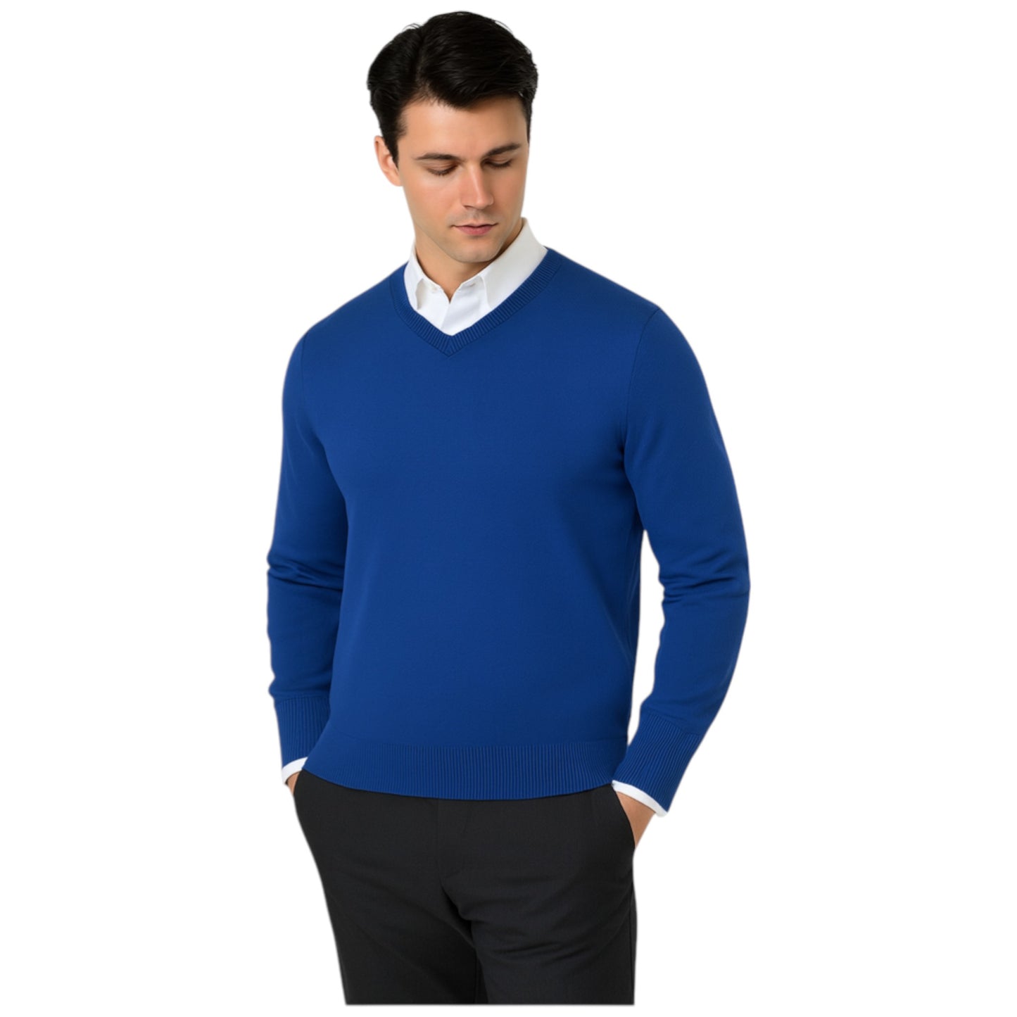 Men’s classic navy v-neck jumper – soft knit pullover sweater with long sleeves