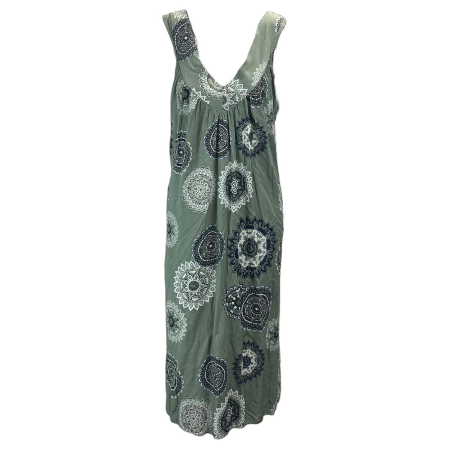 Women's sleeveless khaki green boho summer midi dress with paisley print – lightweight and flowy beach holiday dress
