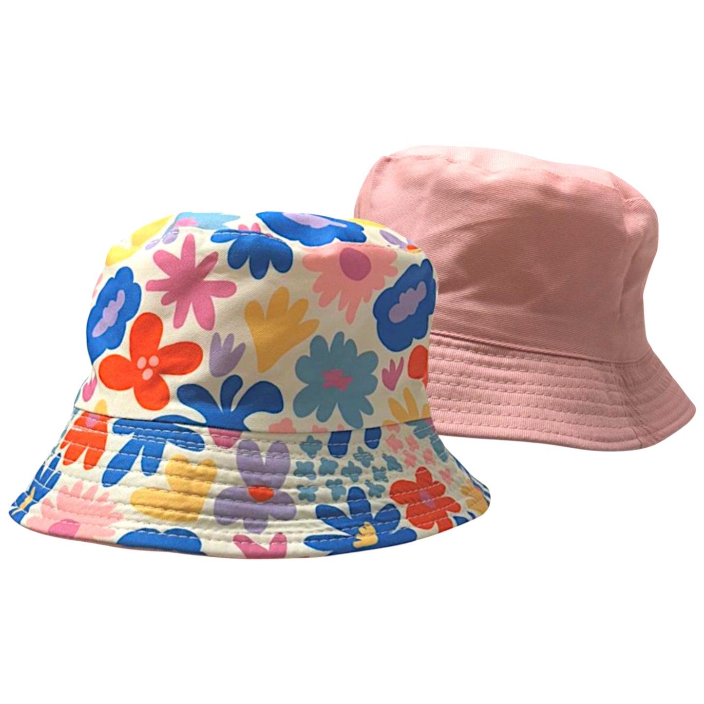 Kids reversible bucket hat with colorful floral print on one side and solid pastel pink on the other, lightweight cotton sun hat for boys and girls.