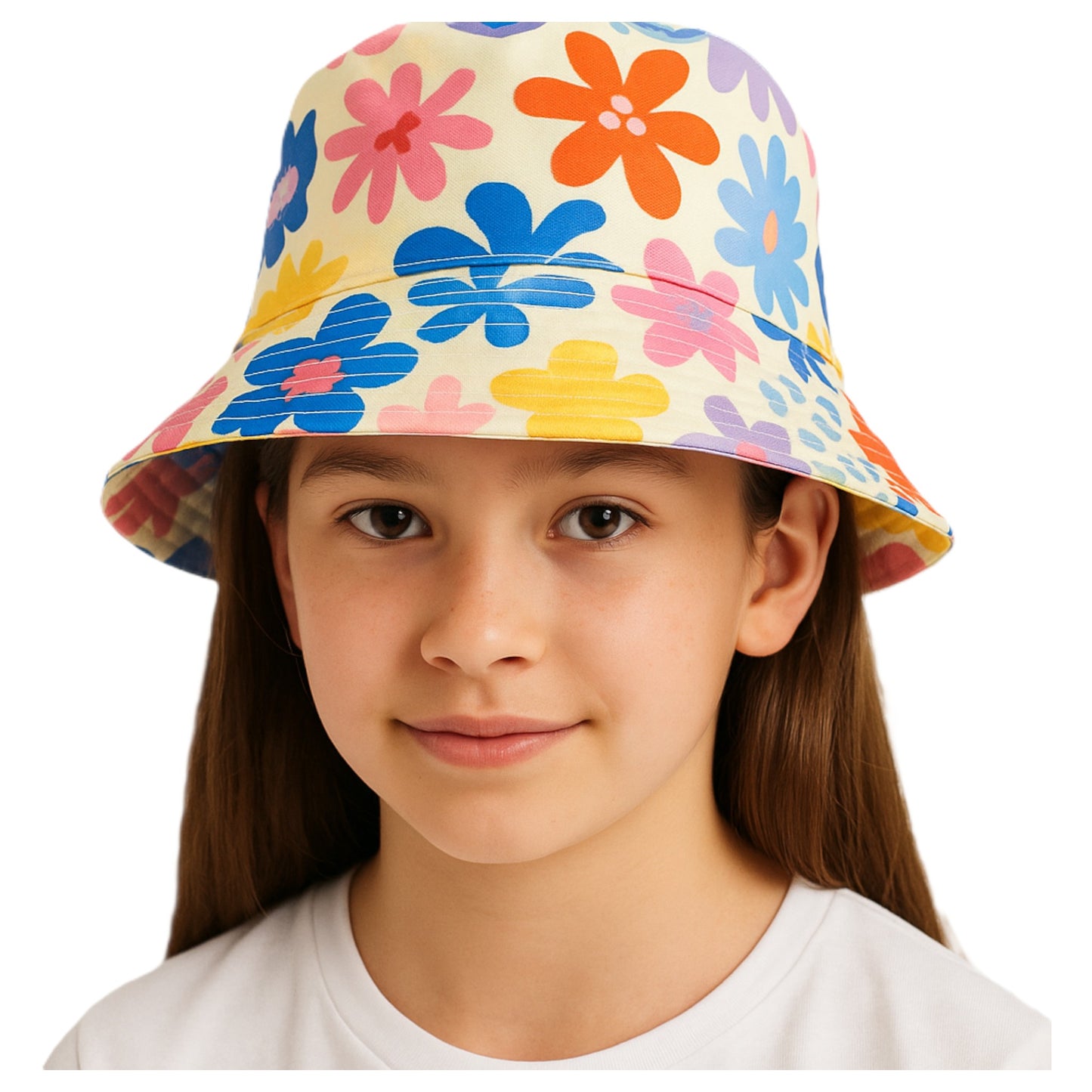 Kids reversible bucket hat with colorful floral print on one side and solid pastel pink on the other, lightweight cotton sun hat for boys and girls.