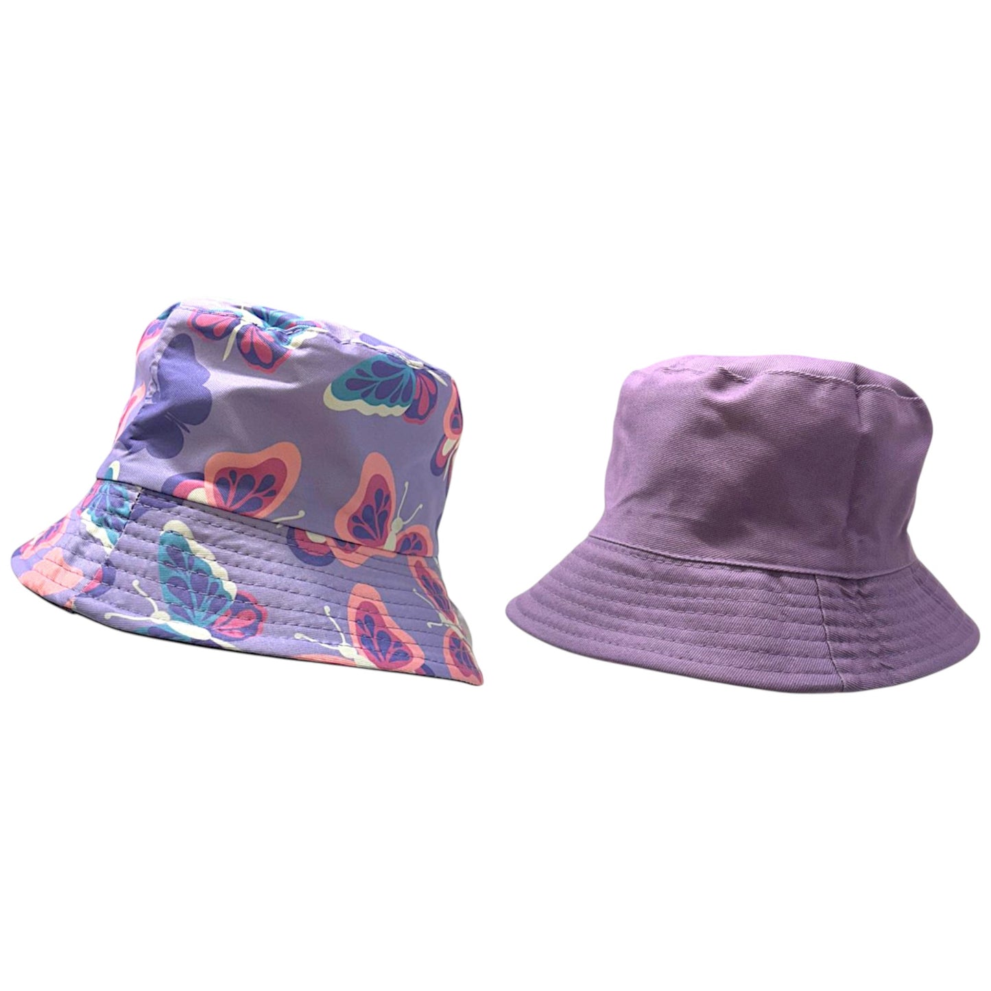 Kids reversible bucket hat with fun purple butterfly print on one side and solid lavender on the other, lightweight cotton sun hat for boys and girls.