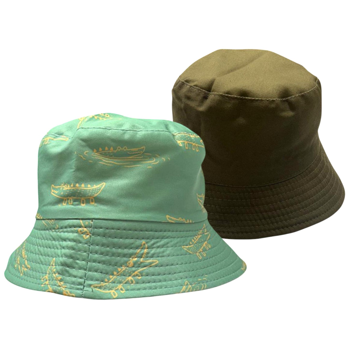 Kids reversible bucket hat with playful green crocodile print on one side and solid khaki on the other, lightweight cotton sun hat for boys and girls.