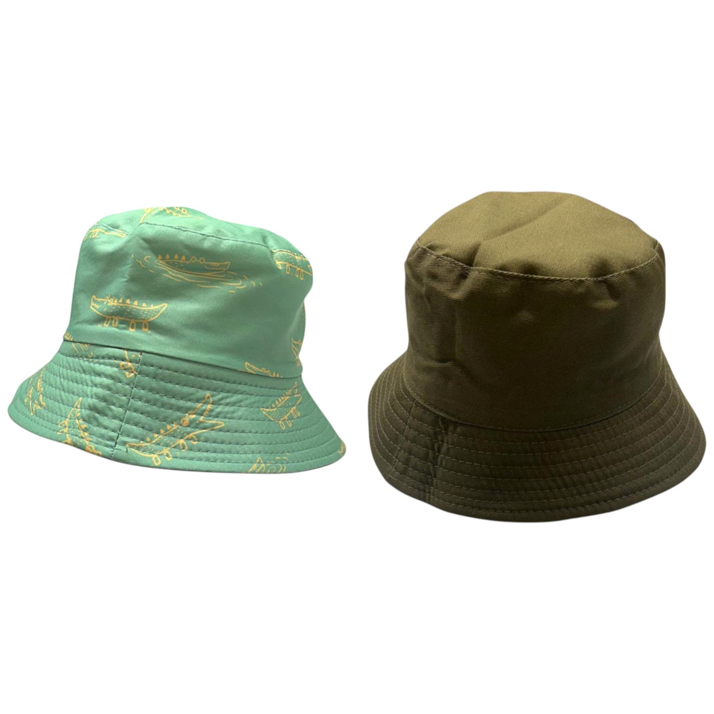 Kids reversible bucket hat with playful green crocodile print on one side and solid khaki on the other, lightweight cotton sun hat for boys and girls.