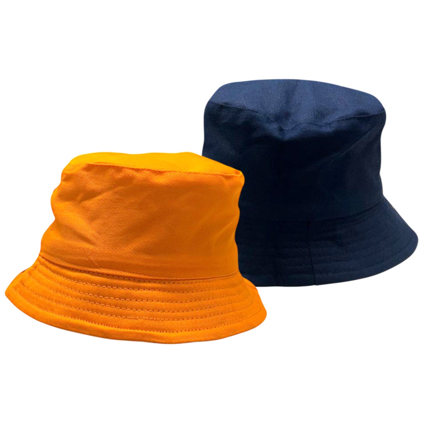 Kids reversible bucket hat with solid orange on one side and solid navy on the other, lightweight cotton sun hat for boys and girls.