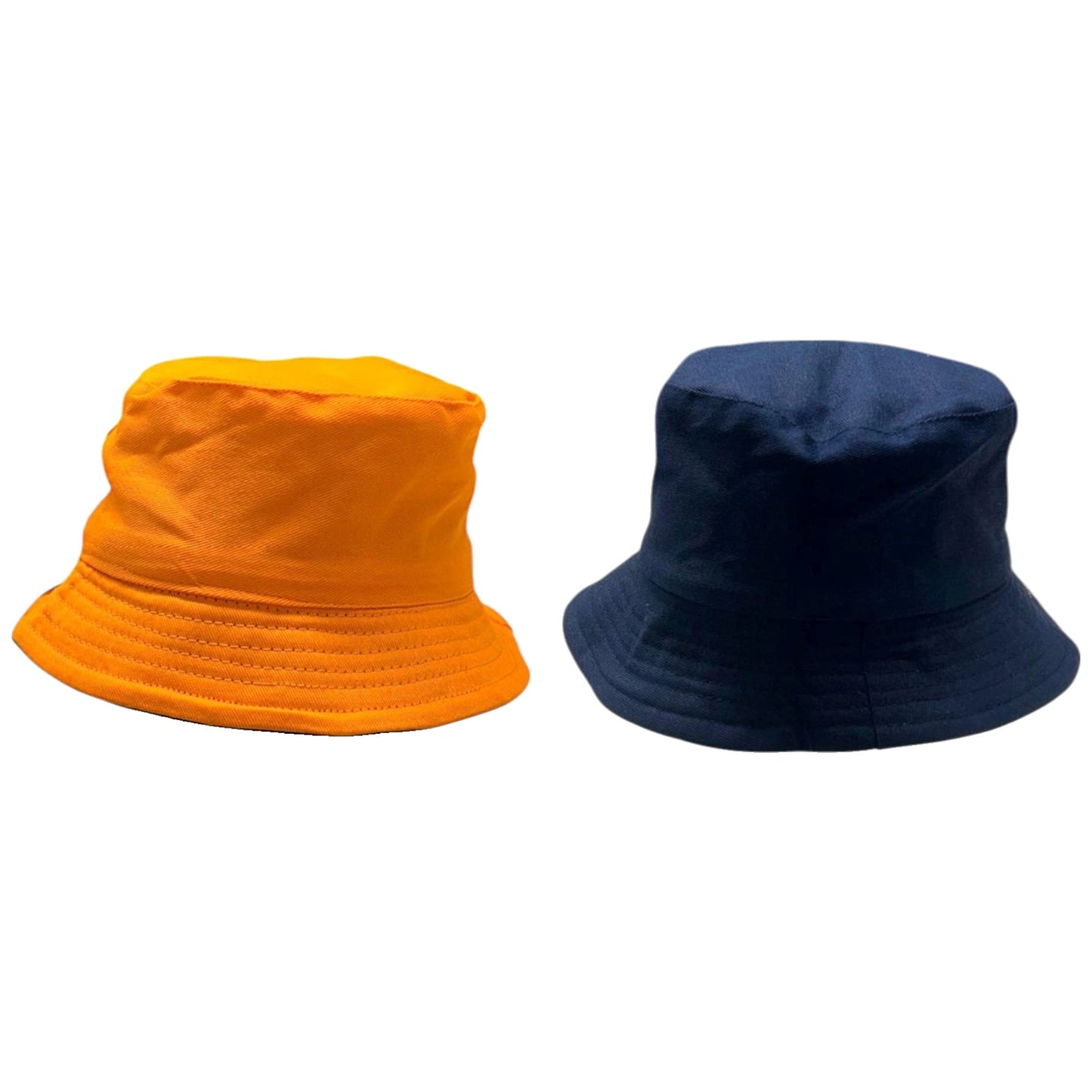 Kids reversible bucket hat with solid orange on one side and solid navy on the other, lightweight cotton sun hat for boys and girls.