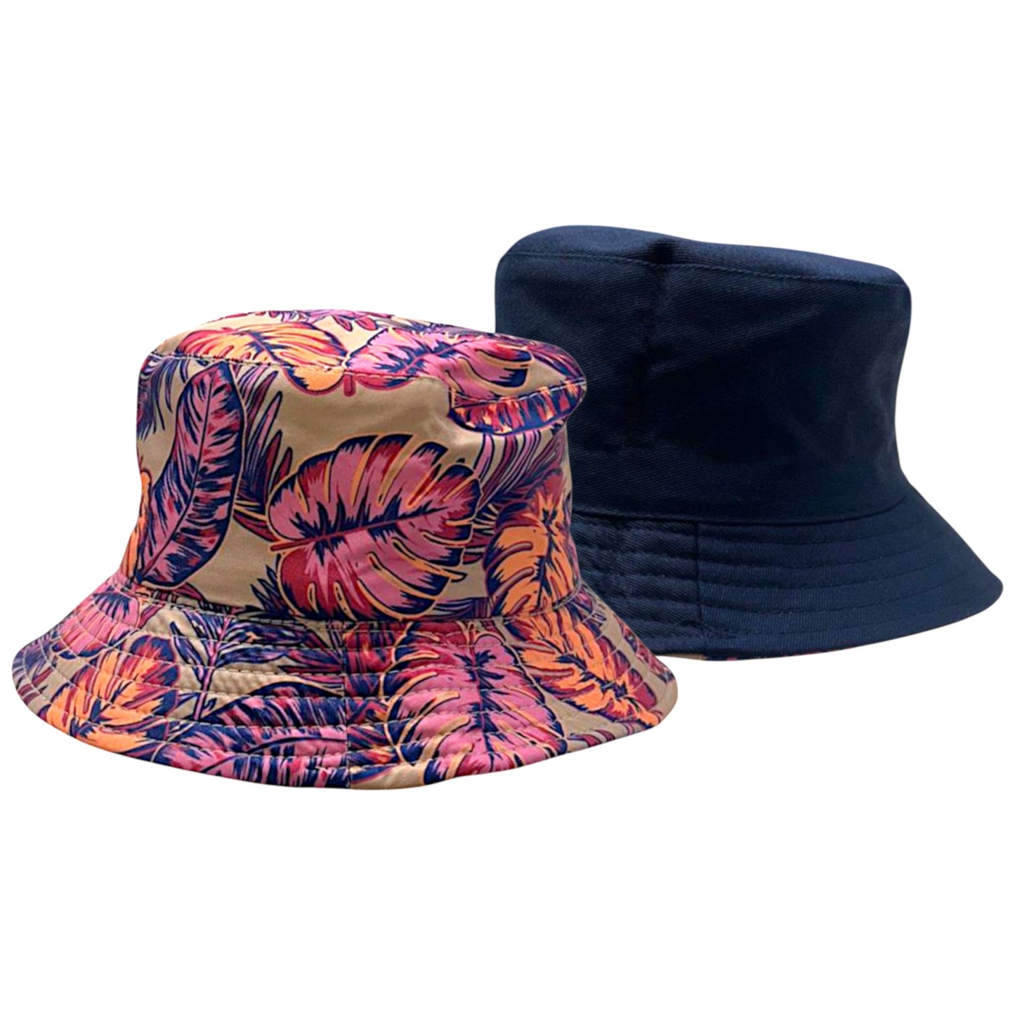 Kids reversible bucket hat with vibrant pink and orange tropical leaf print on one side and solid navy blue on the other, lightweight cotton sun hat for boys and girls.