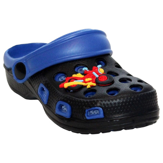 Kids' black and blue clog sandals with motorcycle charm – lightweight slip-on shoes with strap for boys