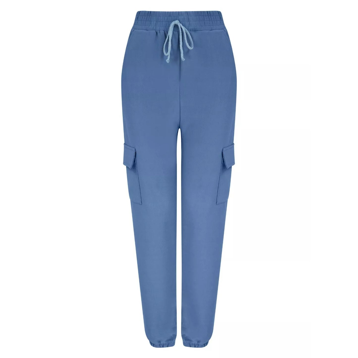 Women's blue combat-style joggers with elasticated waistband, drawstring tie, and side cargo pockets – casual utility trousers
