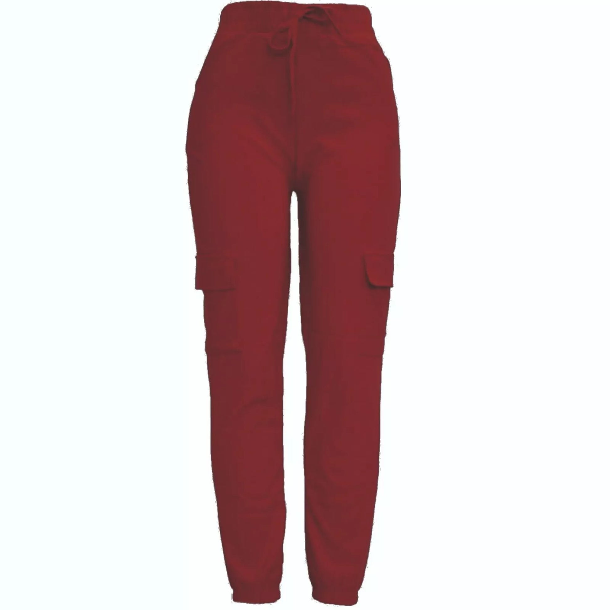 Women's burgundy combat-style joggers with elasticated waistband, drawstring tie, and side cargo pockets – casual utility trousers