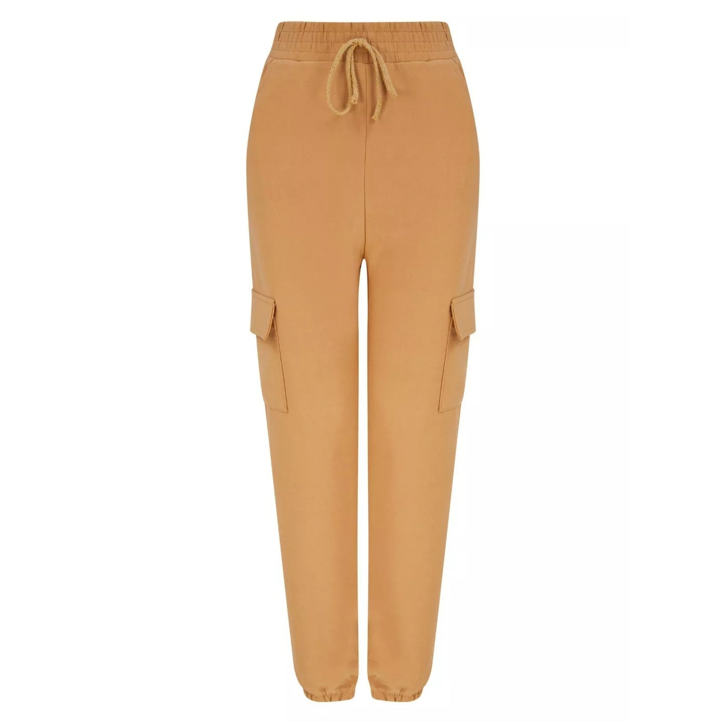 Women's camel combat-style joggers with elasticated waistband, drawstring tie, and side cargo pockets – casual utility trousers