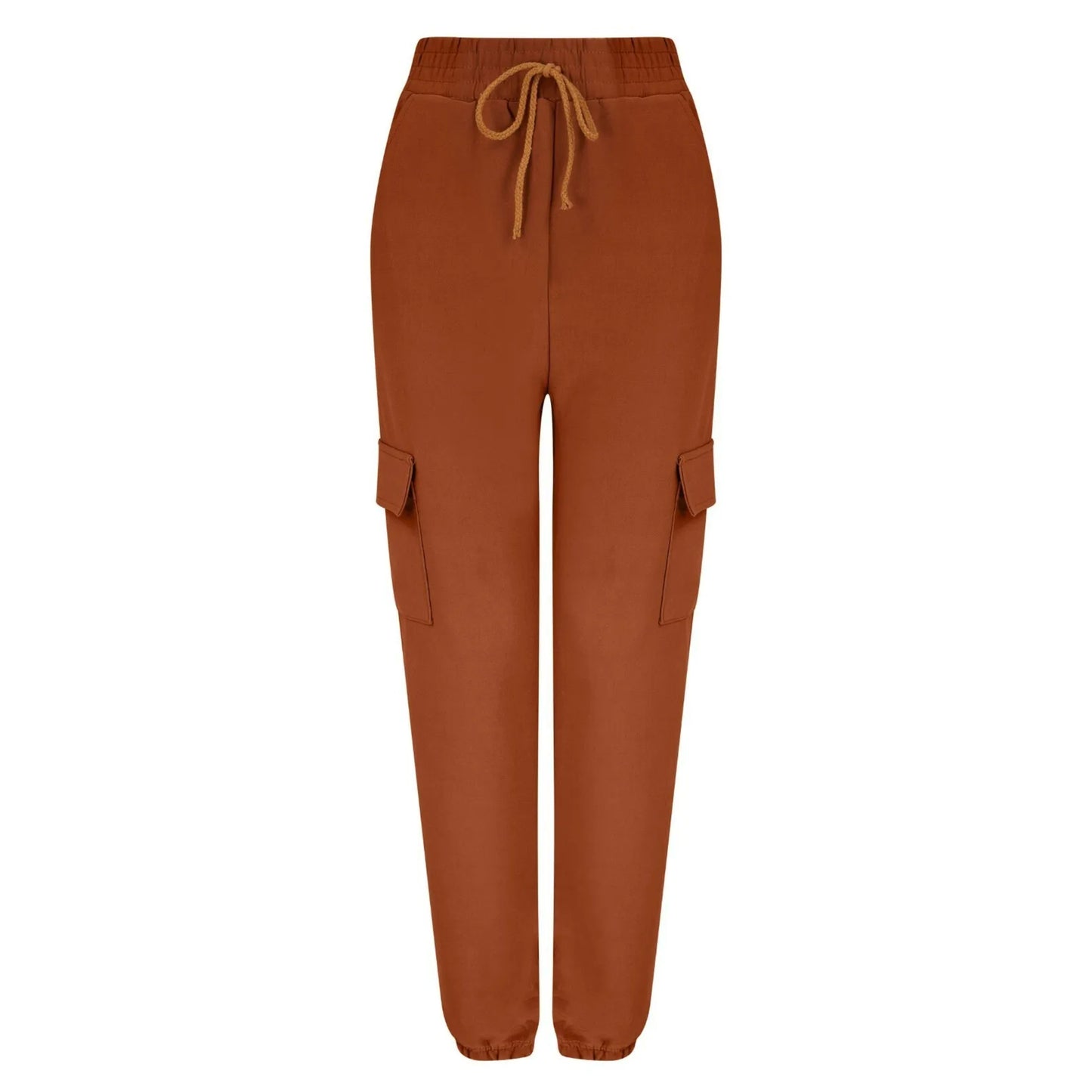 Women's terracotta combat-style joggers with elasticated waistband, drawstring tie, and side cargo pockets – casual utility trousers