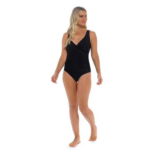 Ladies black V neck wrap swimsuit ruched side shaping one piece women’s swimwear beach and poolwear