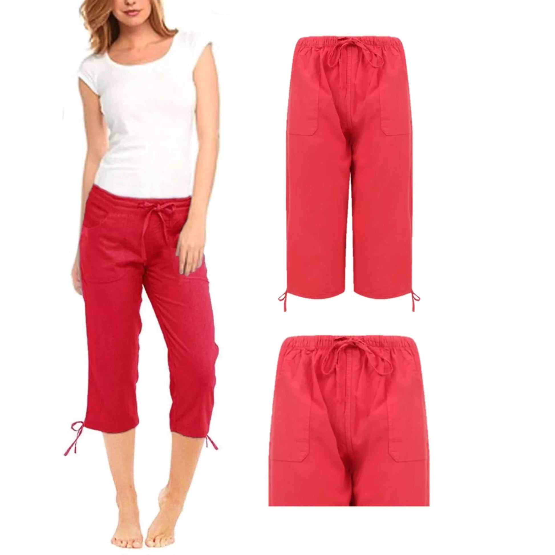 Ladies 3/4 pedal shorts in red – lightweight cropped summer trousers with drawstring waist and pockets, casual capri pants.