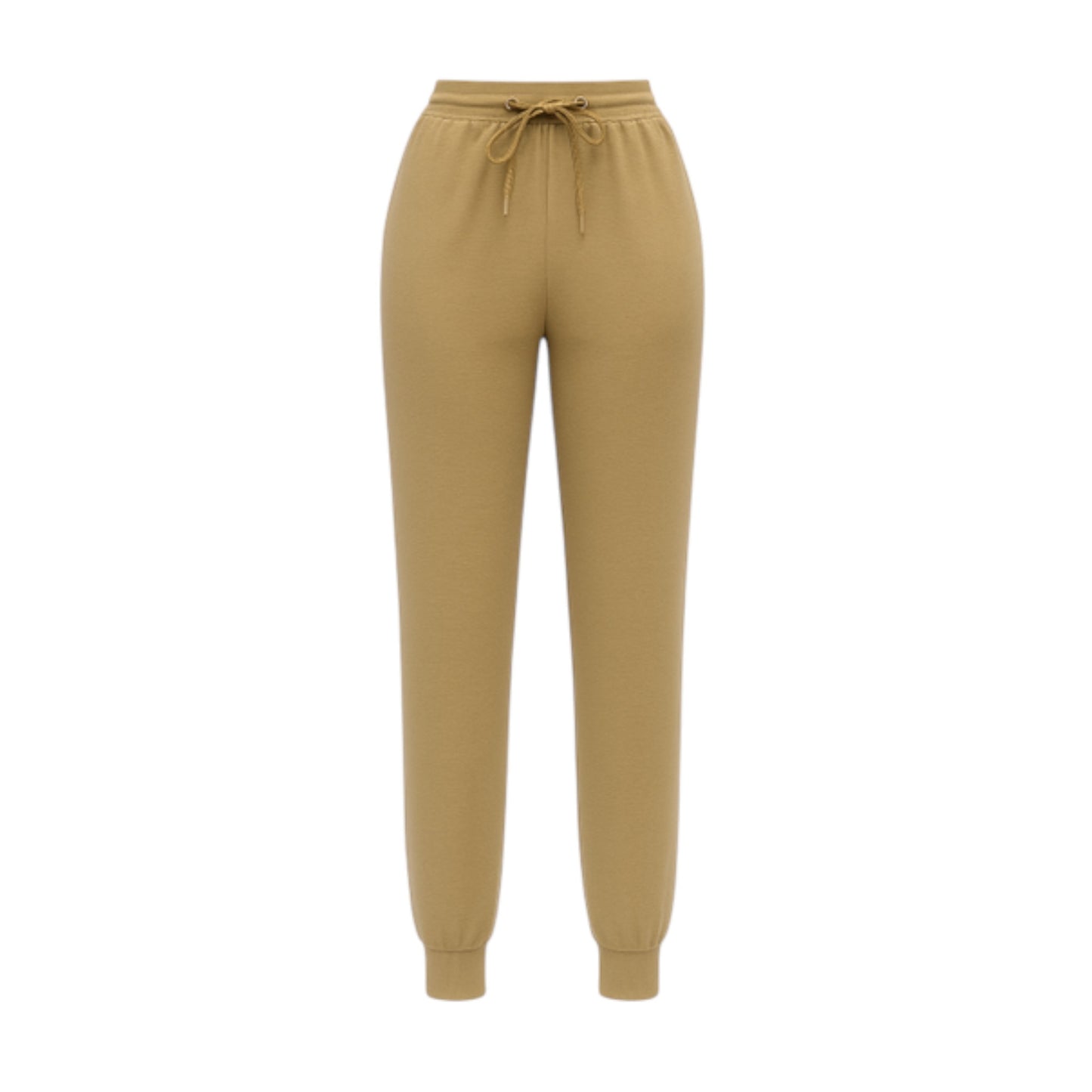 Women’s beige high-waisted joggers with drawstring waist and cuffed ankles – soft loungewear trousers