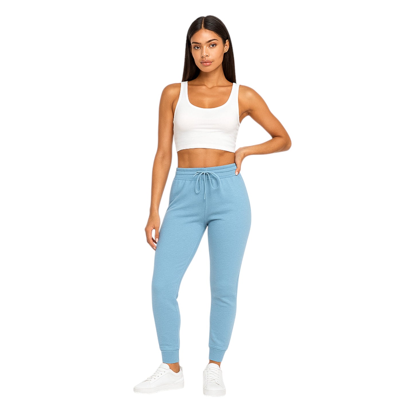 Women’s blue high-waisted joggers with drawstring waist and cuffed ankles – soft loungewear trousers