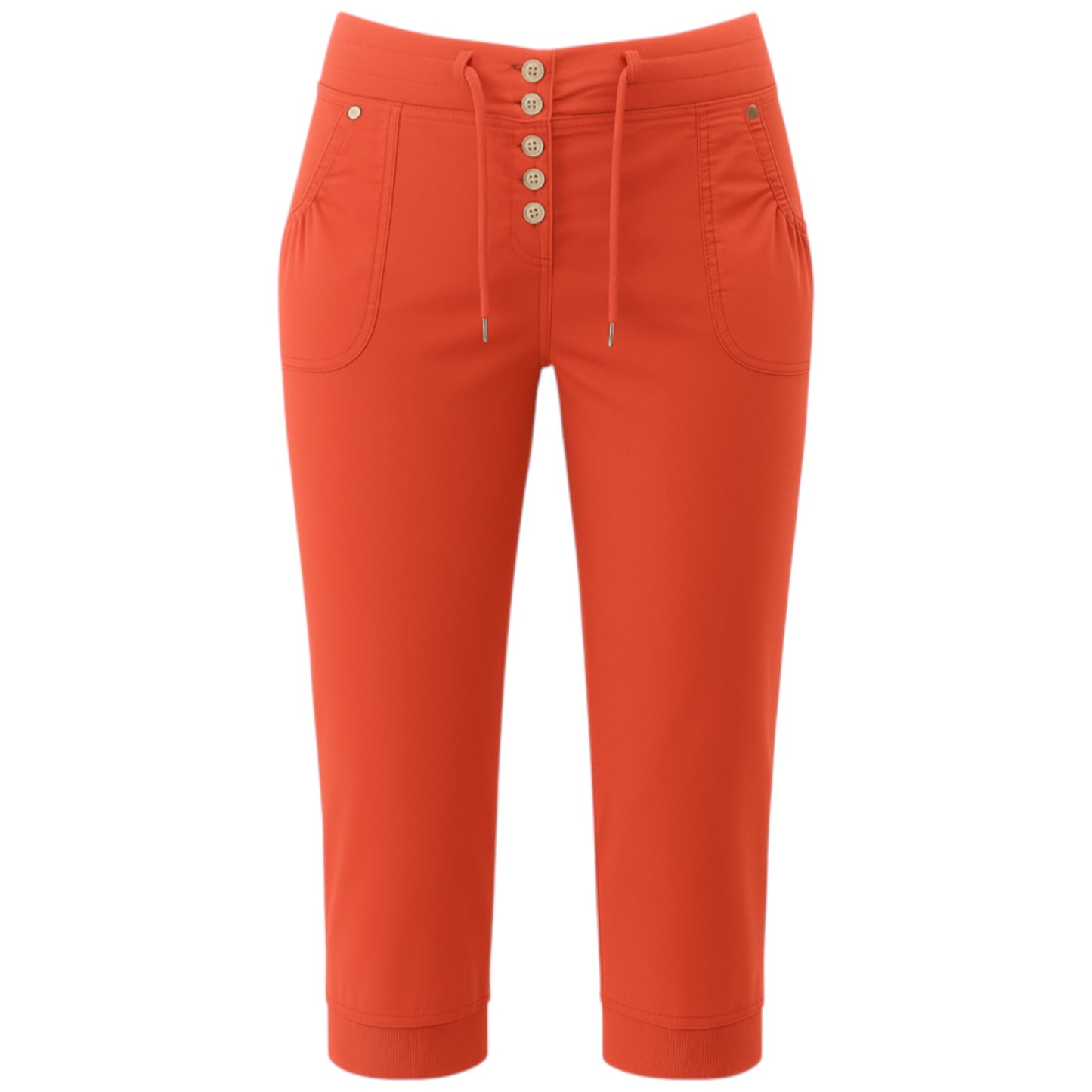 Women's coral red cropped trousers with drawstring waist and side pockets – casual 3/4 length pants