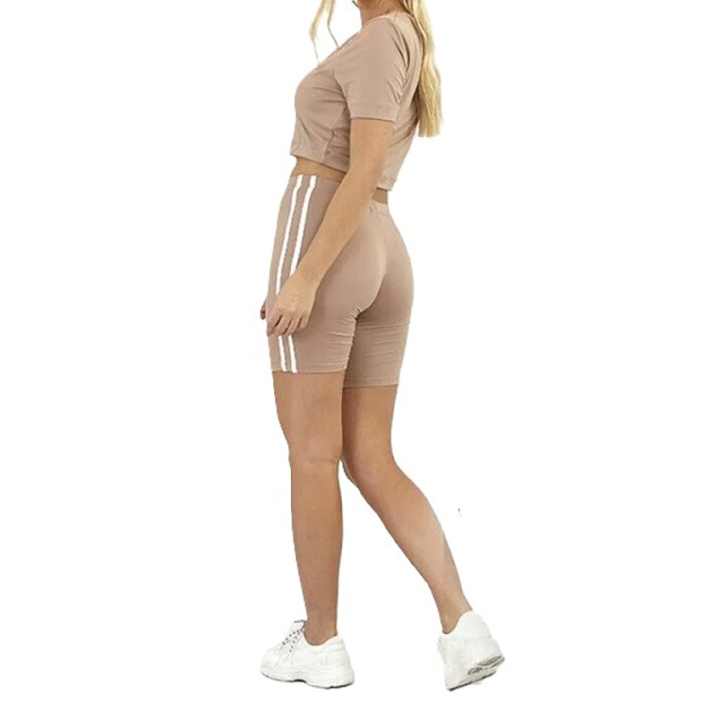 Ladies high-waisted cycling shorts – striped side panel in beige