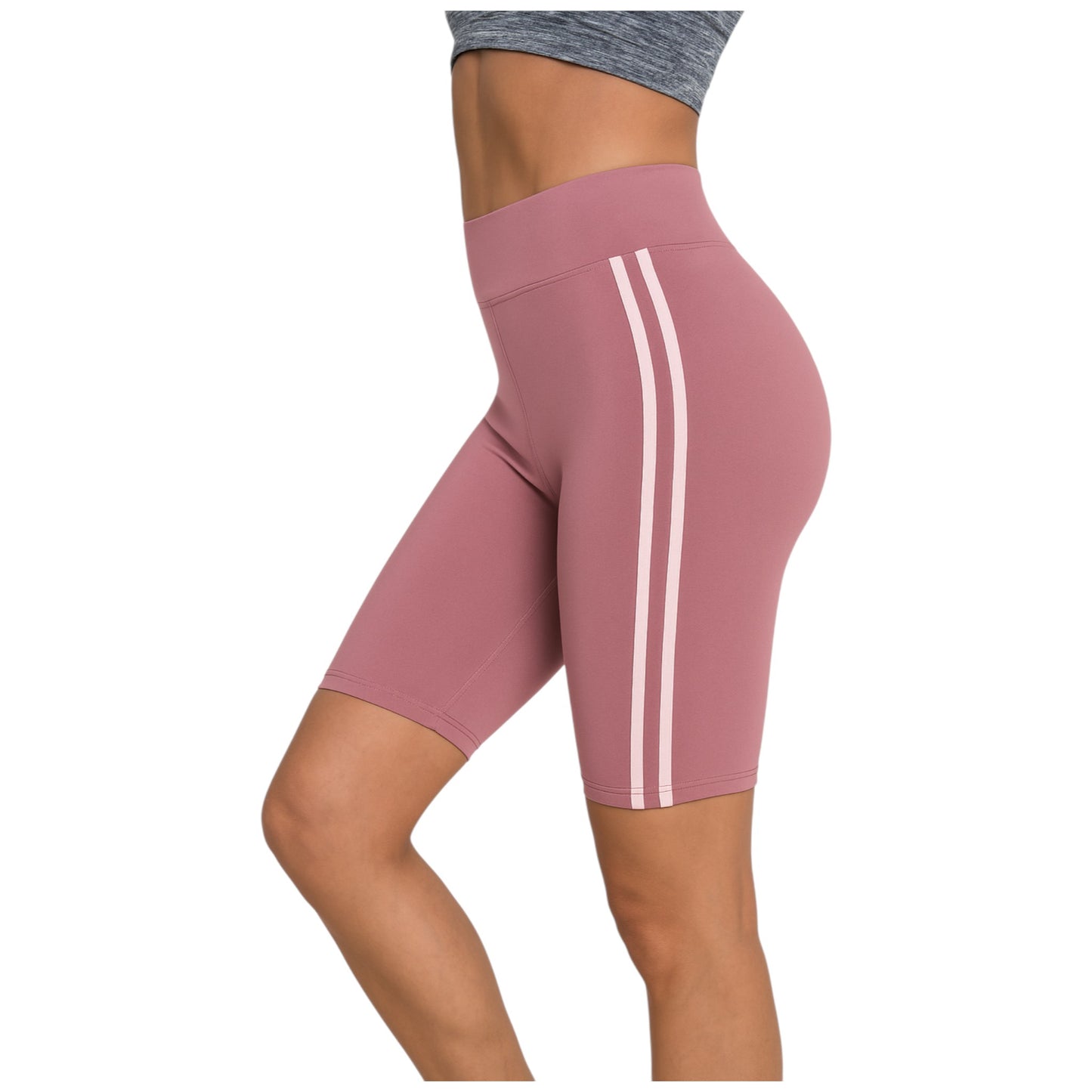 Ladies high-waisted cycling shorts – striped side panel in Pink