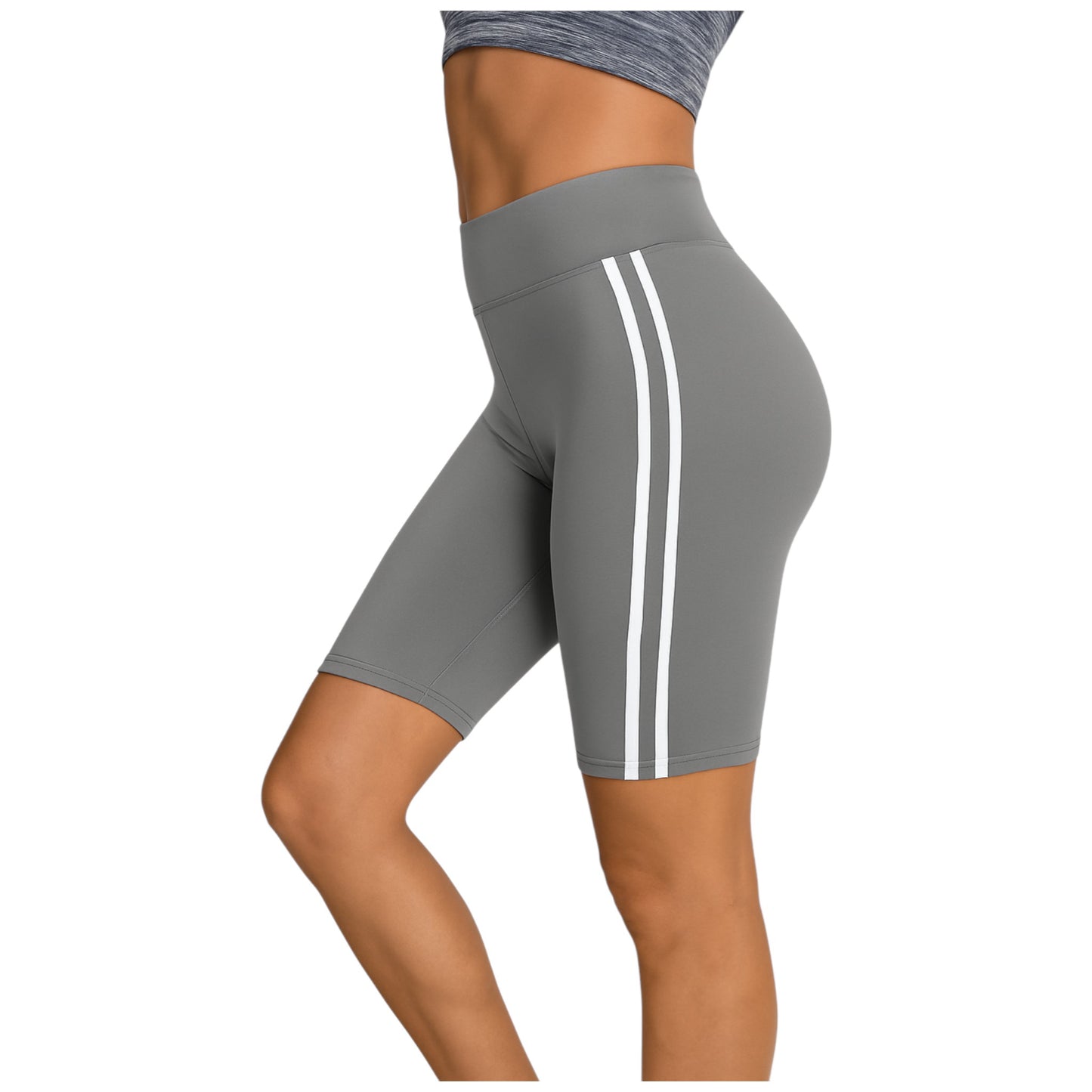 Ladies high-waisted cycling shorts – striped side panel in Grey
