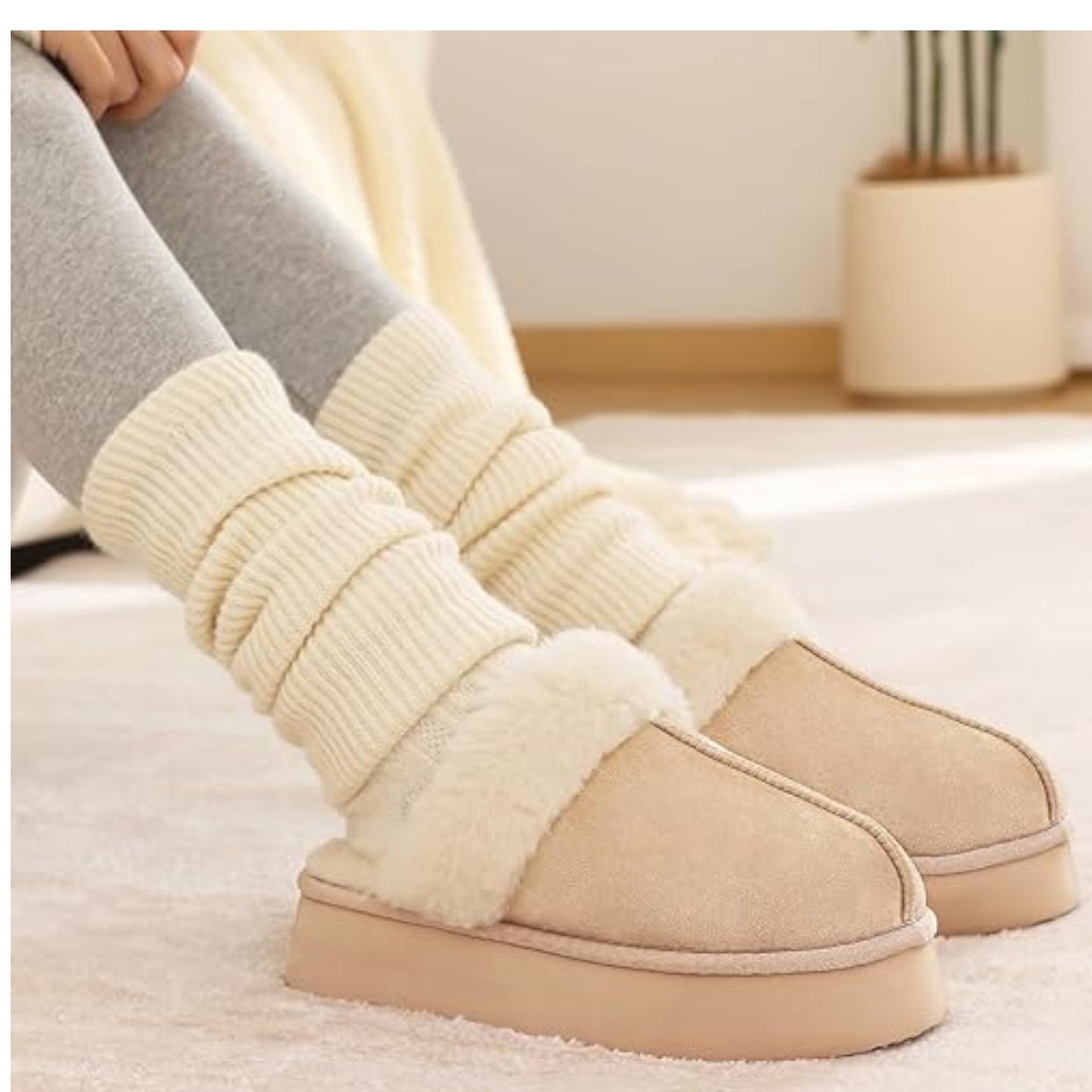 Ladies supersoft snugg boot slippers in beige with faux fur lining, warm cozy indoor slip-on footwear for comfort and style for indoor and outdoor