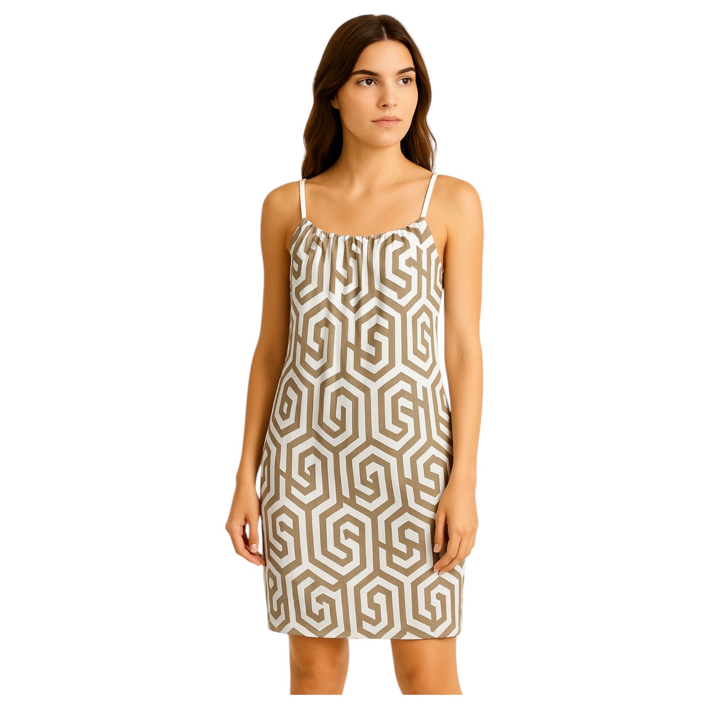 Women's geometric print strappy summer dresses in beige – made in Italy knee-length sleeveless holiday dress collection