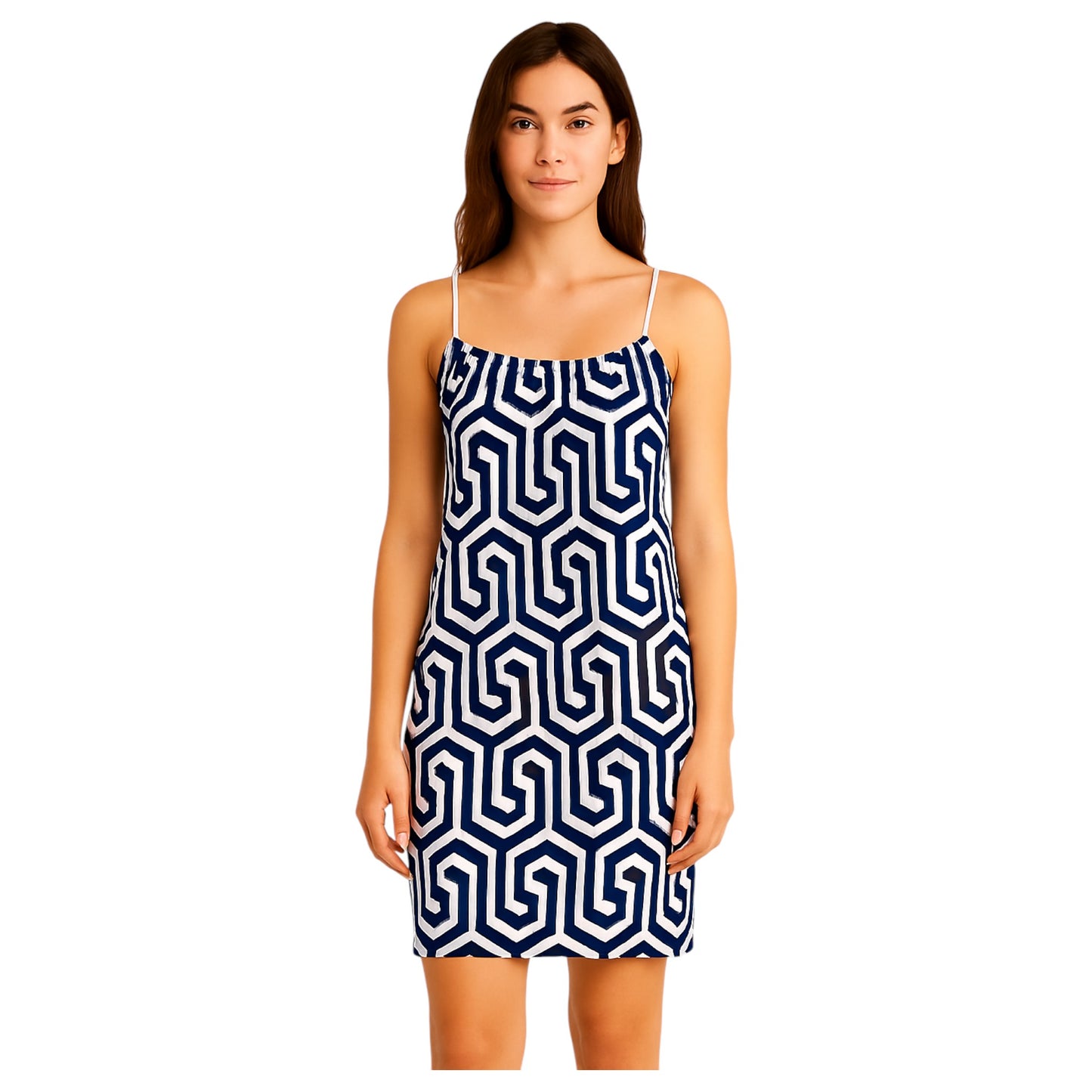 Women's geometric print strappy summer dresses in black – made in Italy knee-length sleeveless holiday dress collection