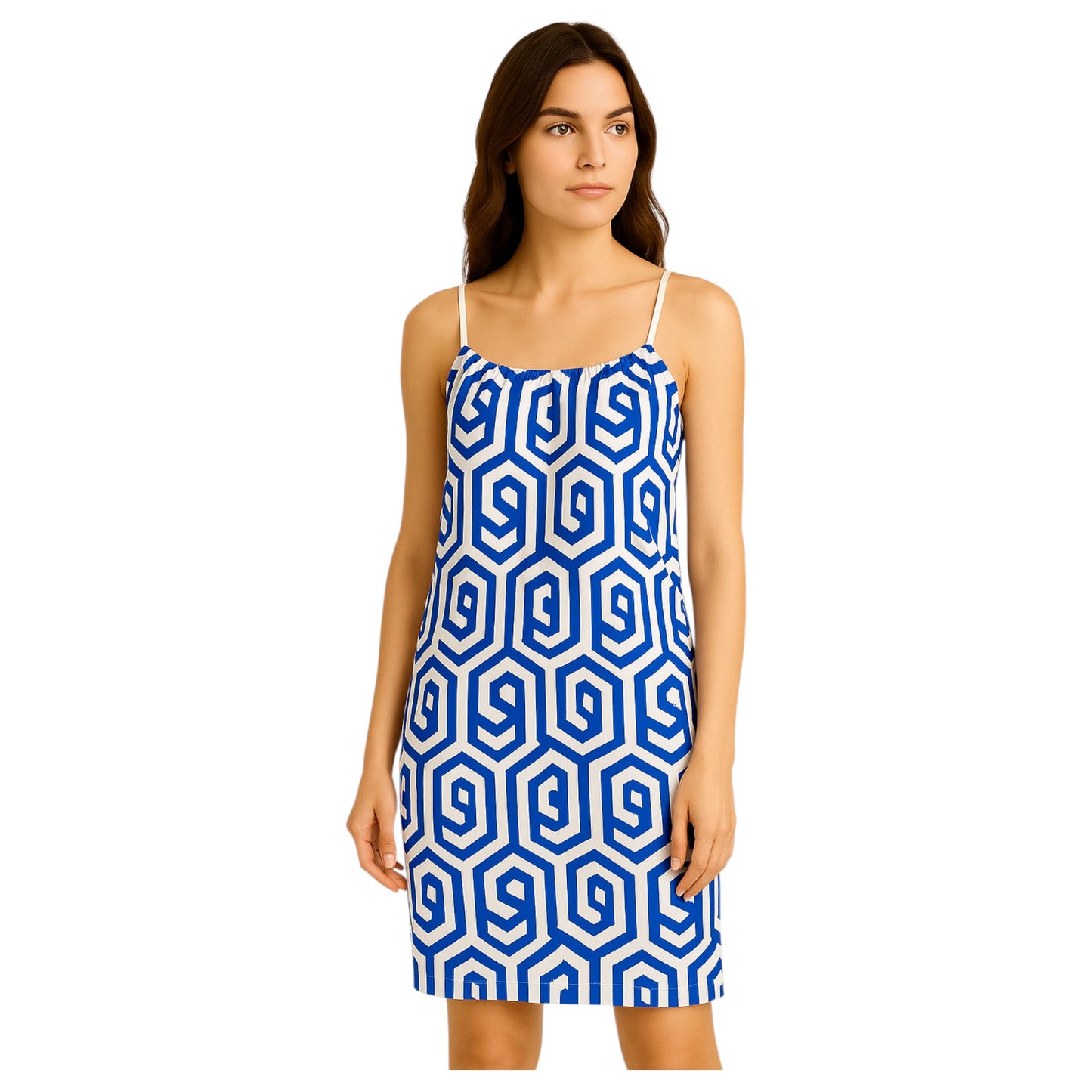 Women's geometric print strappy summer dresses in blue – made in Italy knee-length sleeveless holiday dress collection