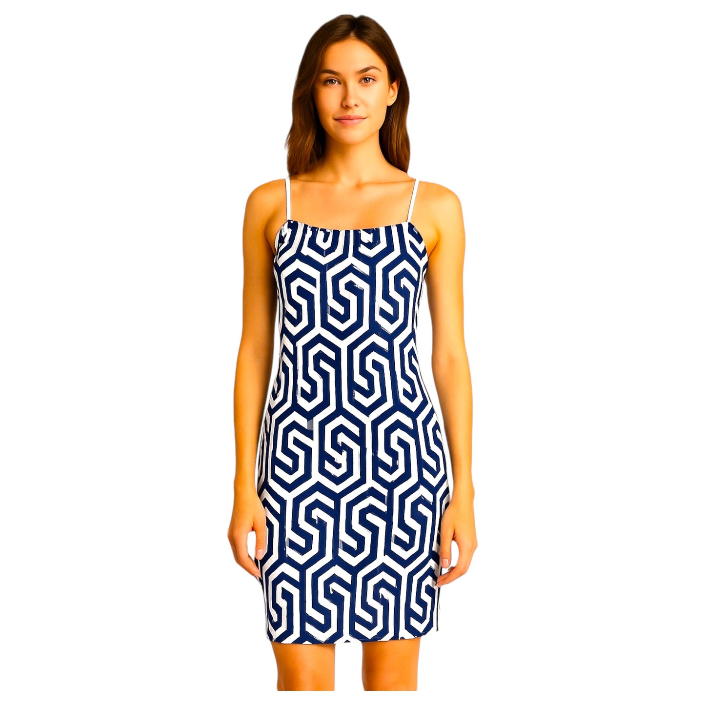 Women's geometric print strappy summer dresses in navy – made in Italy knee-length sleeveless holiday dress collection