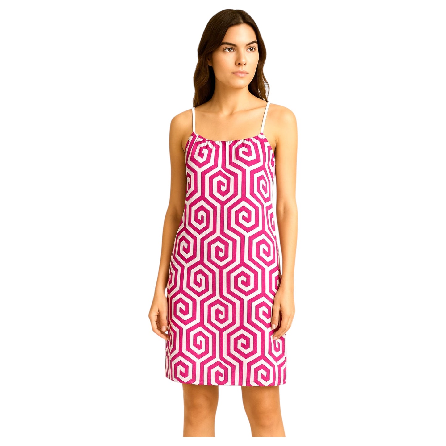 Women's geometric print strappy summer dresses in pink – made in Italy knee-length sleeveless holiday dress collection