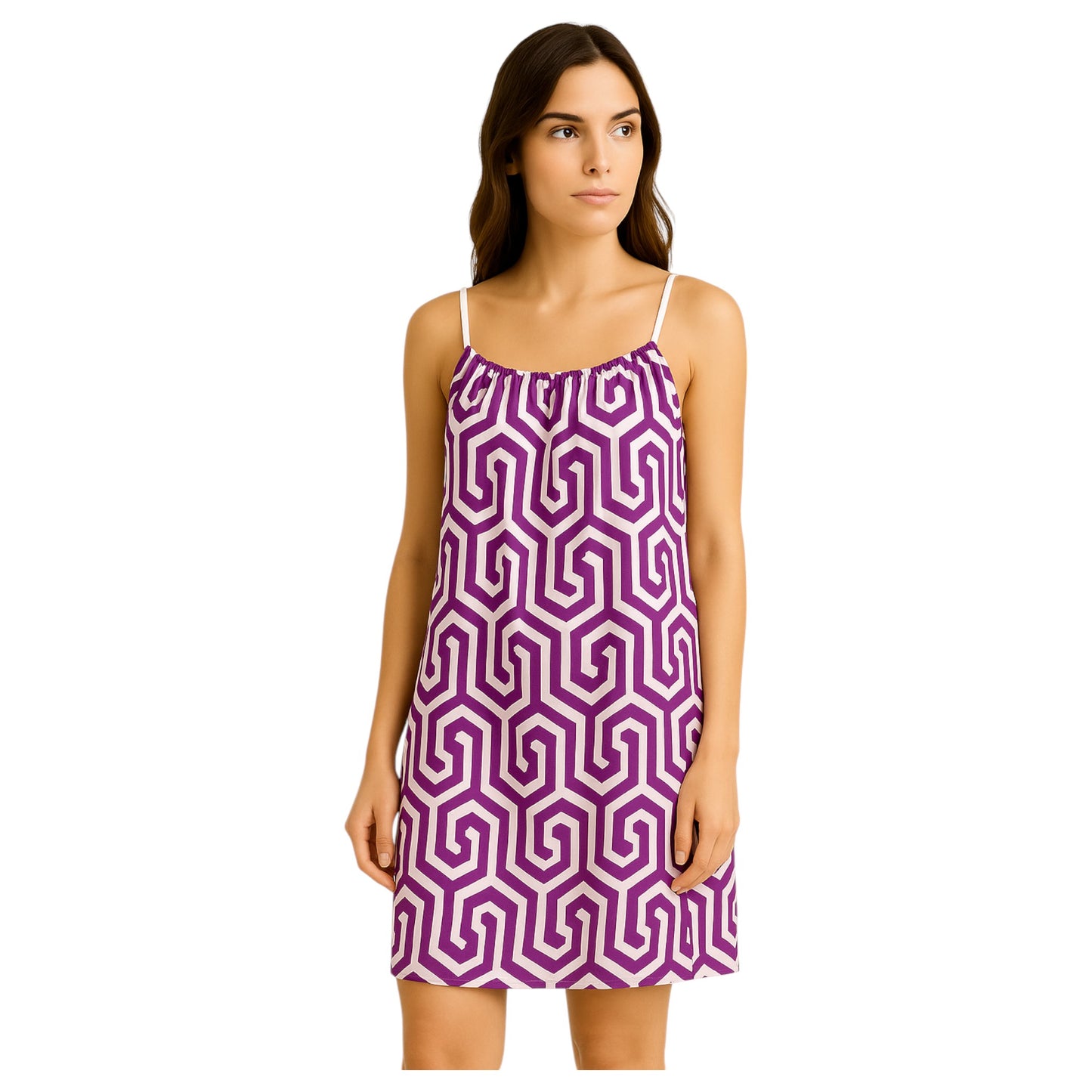 Women's geometric print strappy summer dresses in purple – made in Italy knee-length sleeveless holiday dress collection