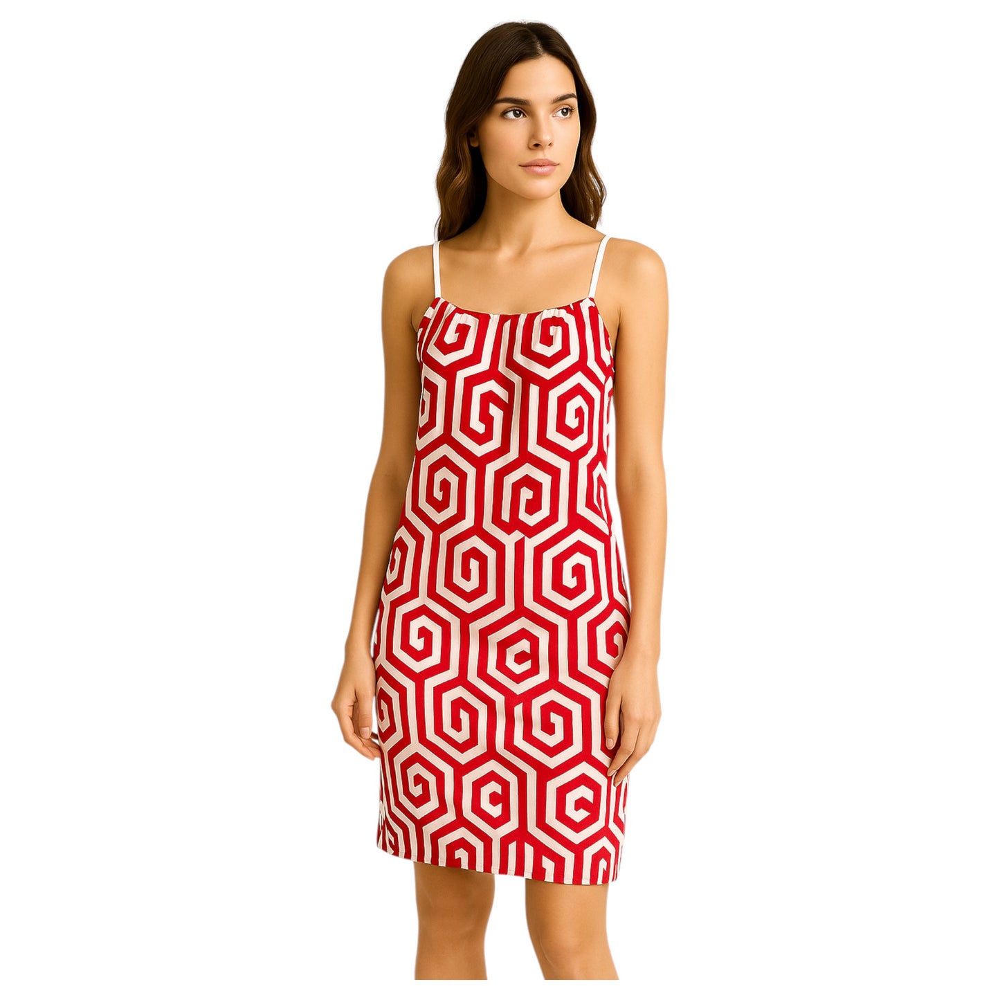 Women's geometric print strappy summer dresses in red – made in Italy knee-length sleeveless holiday dress collection