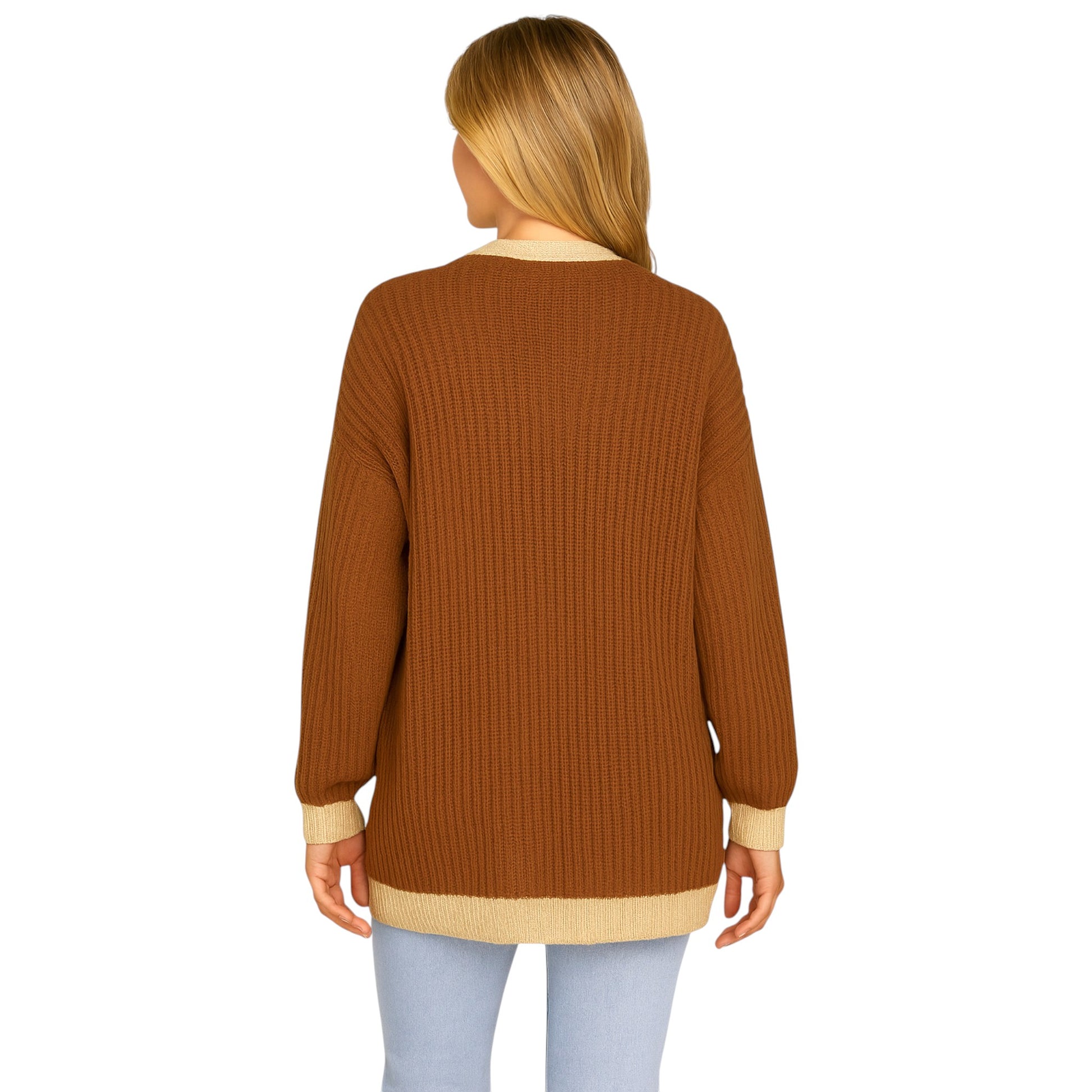 Ladies Italian edge to edge knitted cardigan in mocha with gold trim, soft ribbed knit open front cardigan for women, stylish lightweight layering knitwear.
