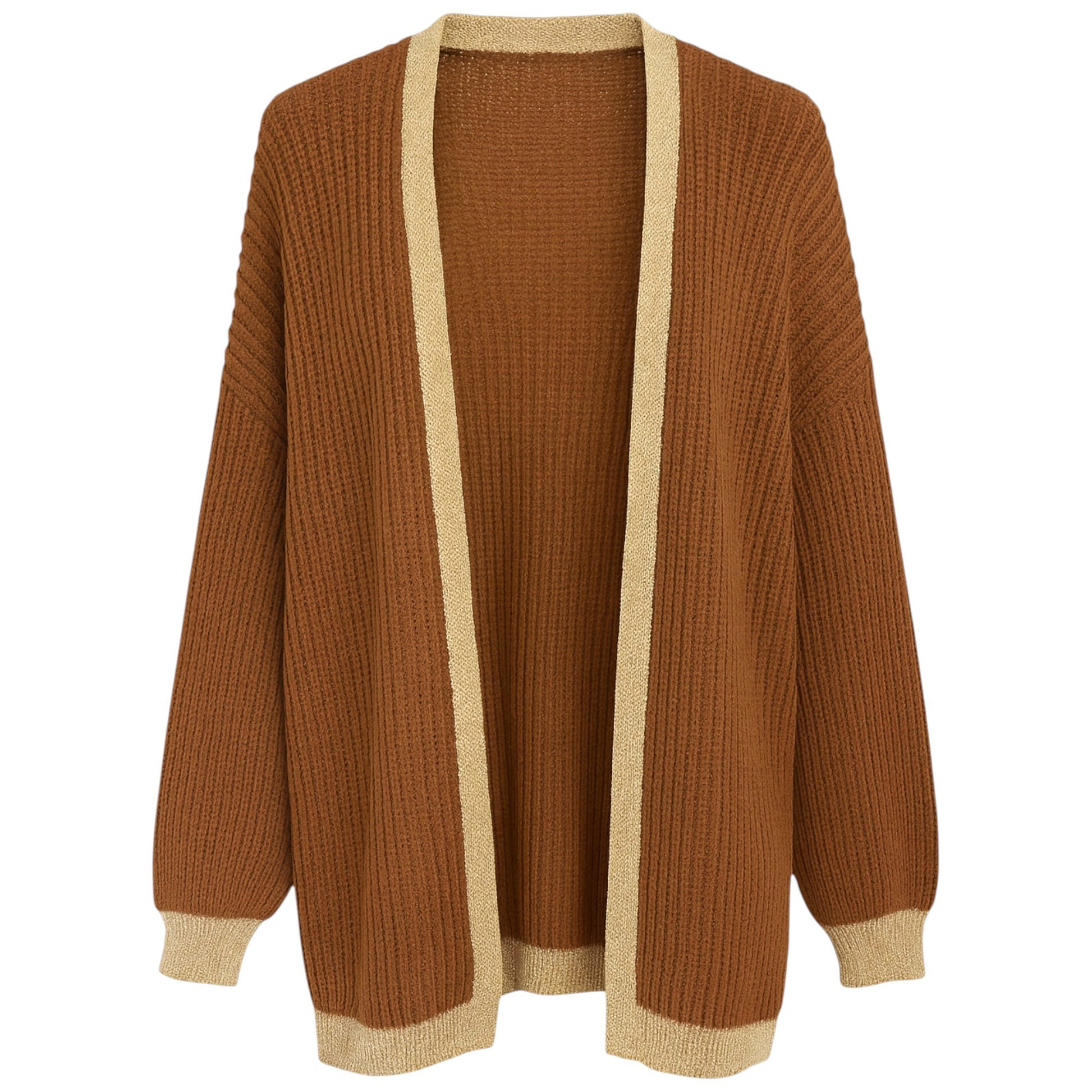 Ladies Italian edge to edge knitted cardigan in mocha with gold trim, soft ribbed knit open front cardigan for women, stylish lightweight layering knitwear.