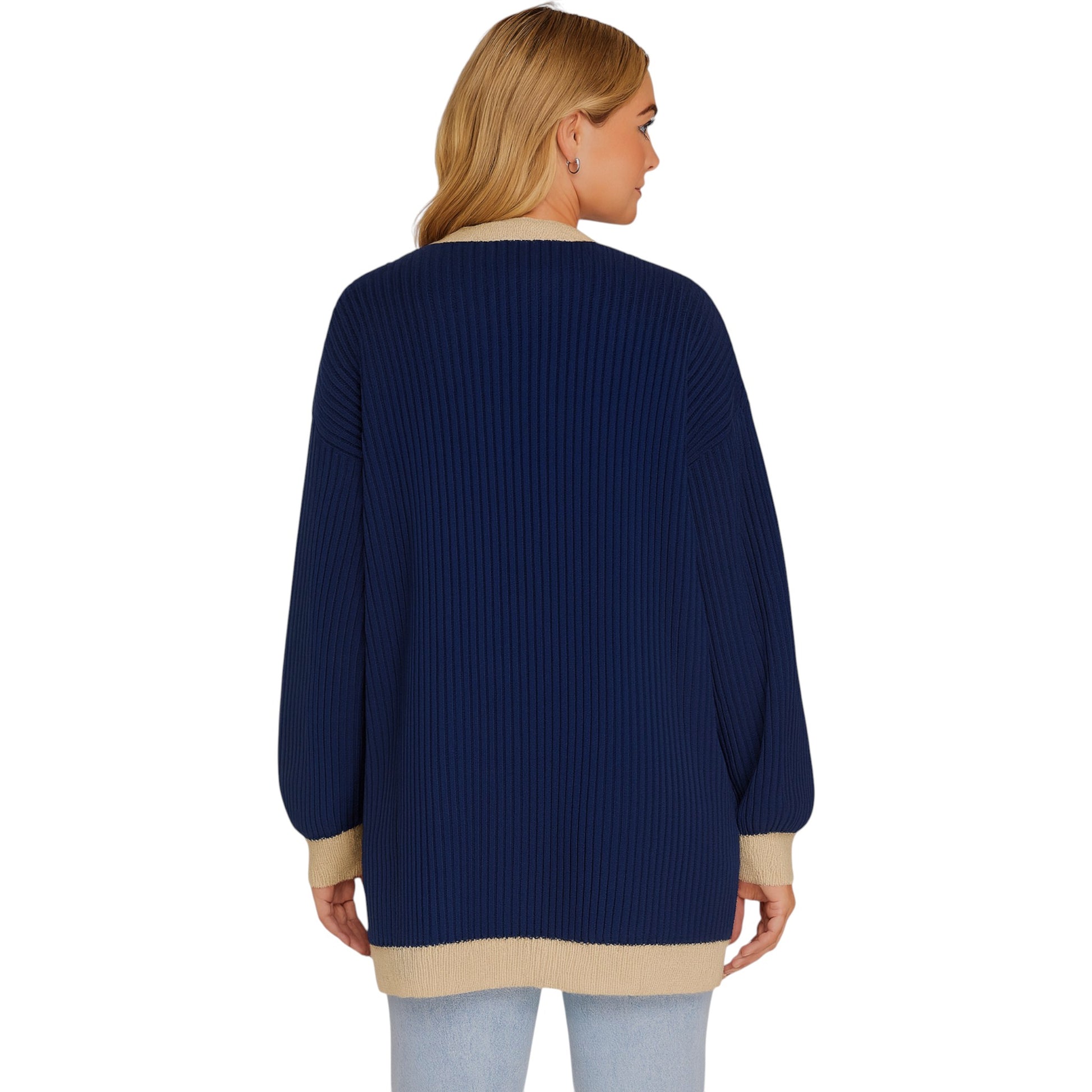 Ladies Italian edge to edge knitted cardigan in navy with gold trim, soft ribbed knit open front cardigan for women, stylish lightweight layering knitwear.