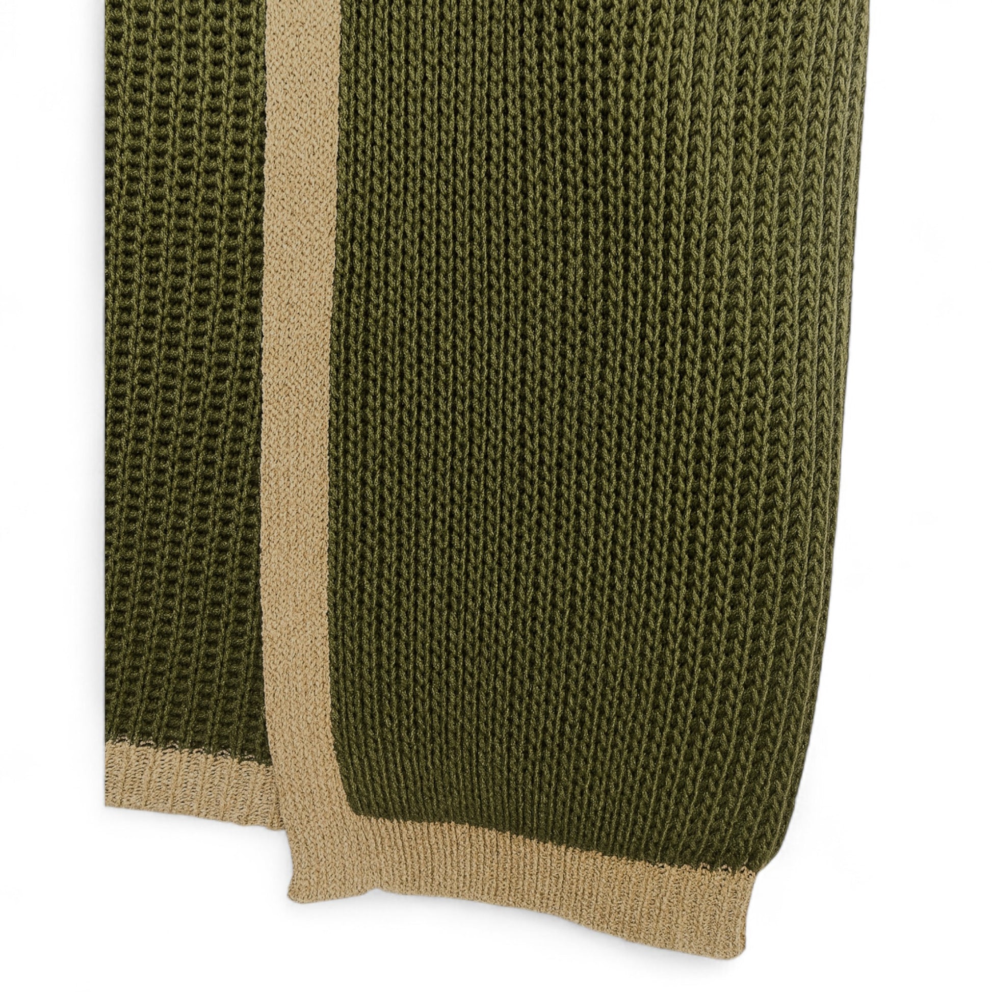Ladies Italian edge to edge knitted cardigan in olive green with gold trim, soft ribbed knit open front cardigan for women, stylish lightweight layering knitwear.