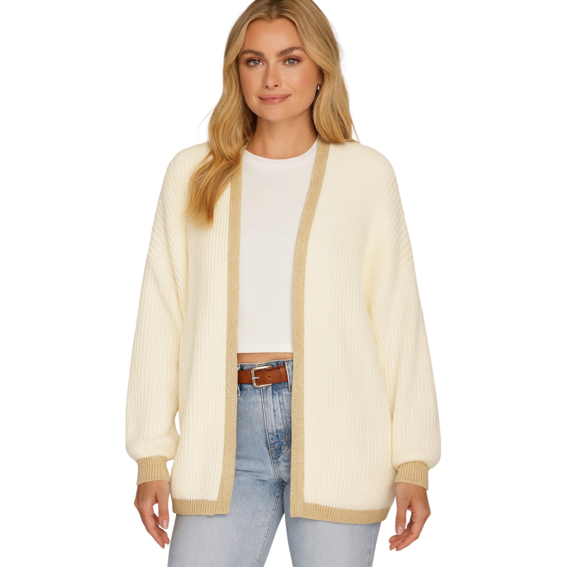 Ladies Italian edge to edge knitted cardigan in white with gold trim, soft ribbed knit open front cardigan for women, stylish lightweight layering knitwear.