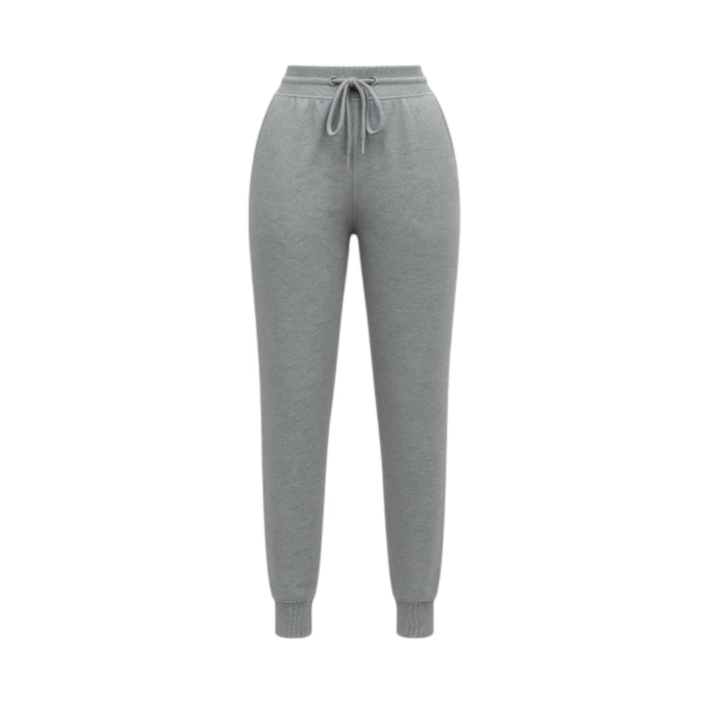 Women’s grey high-waisted joggers with drawstring waist and cuffed ankles – soft loungewear trousers