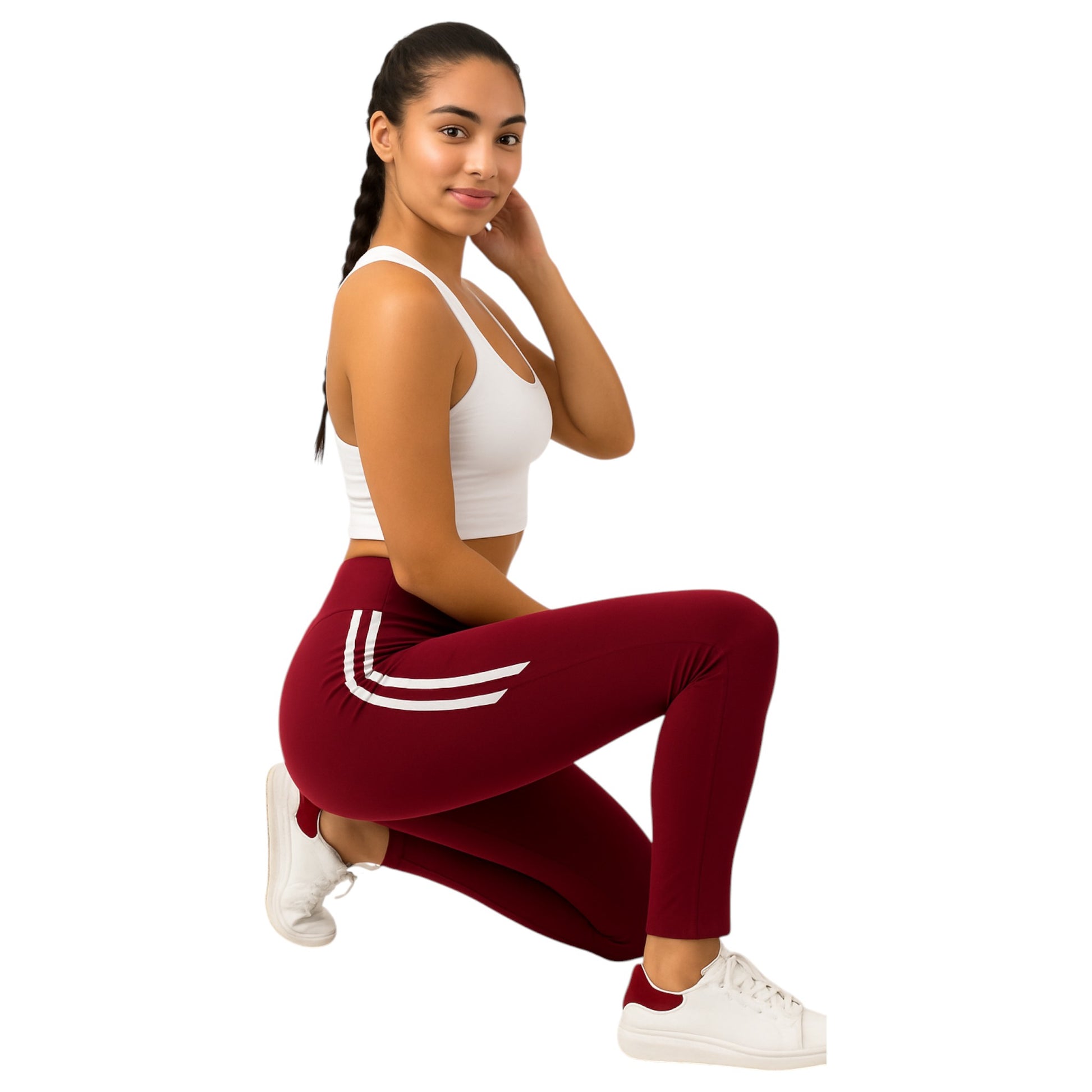 Ladies Burgundy high-waisted gym leggings with white side stripes for women – stretchy activewear for fitness and casual wear.