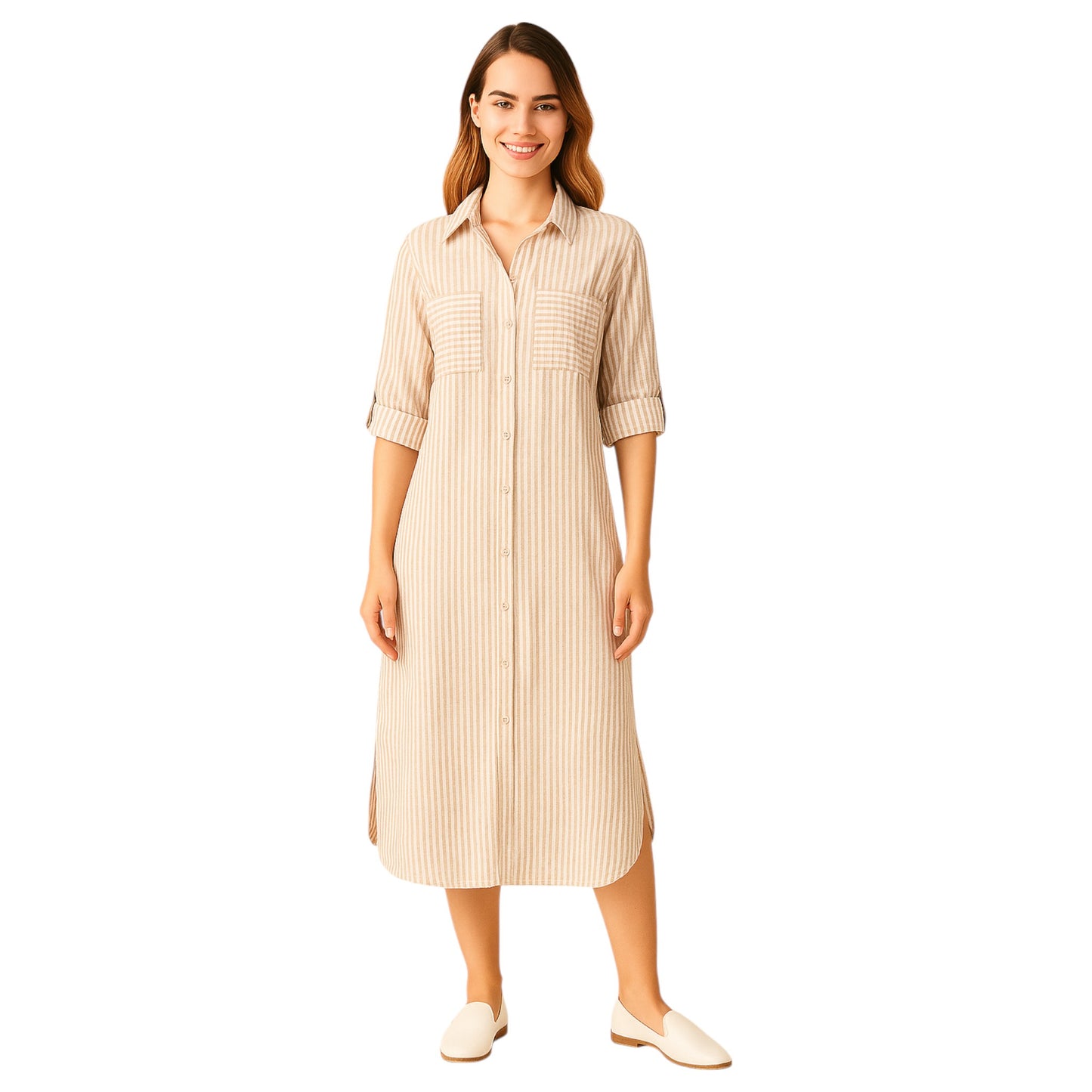 Women's Beige striped long shirt dress with button front, rolled sleeves, and collared neckline – casual midi dress for everyday wear.