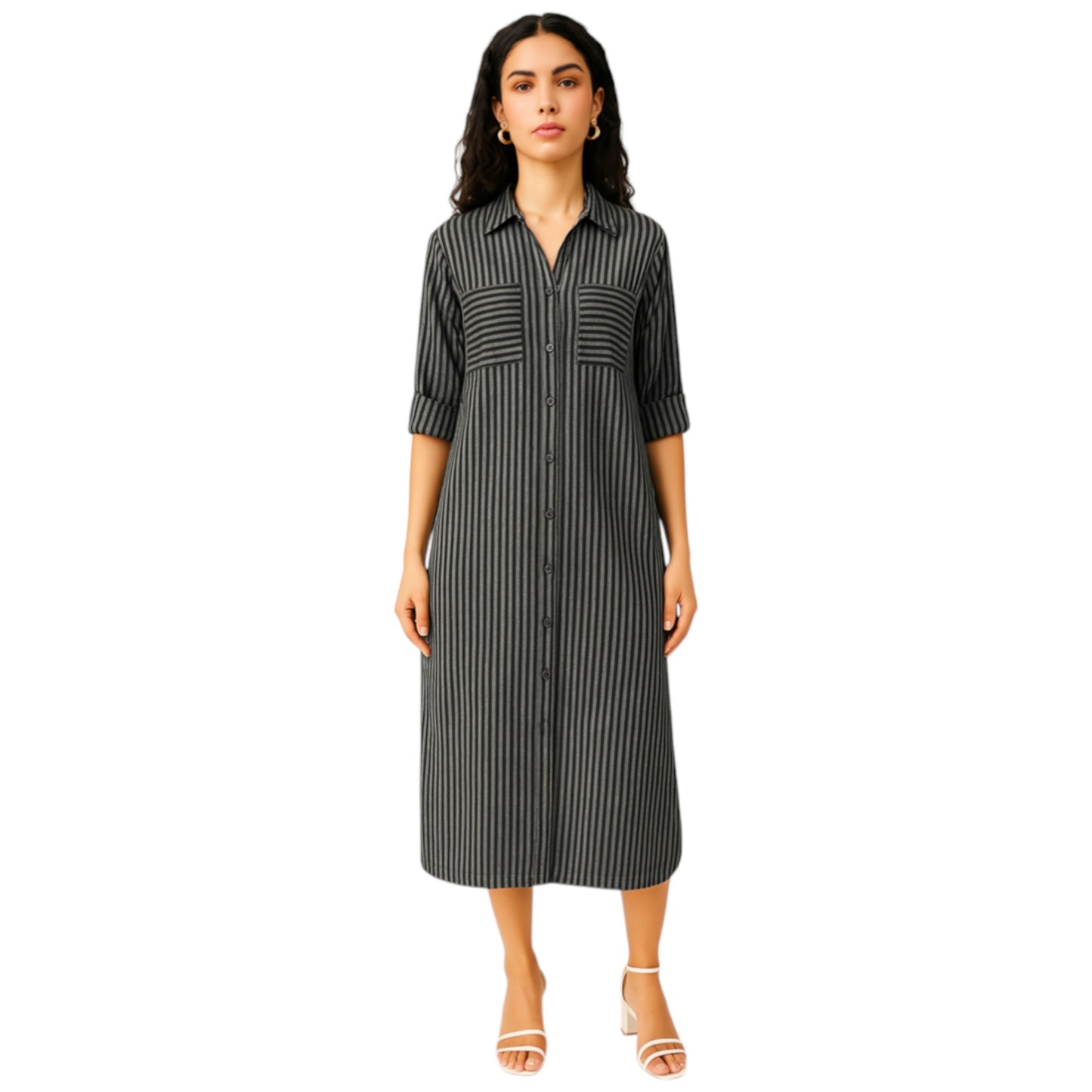 Women's black striped long shirt dress with button front, rolled sleeves, and collared neckline – casual midi dress for everyday wear.