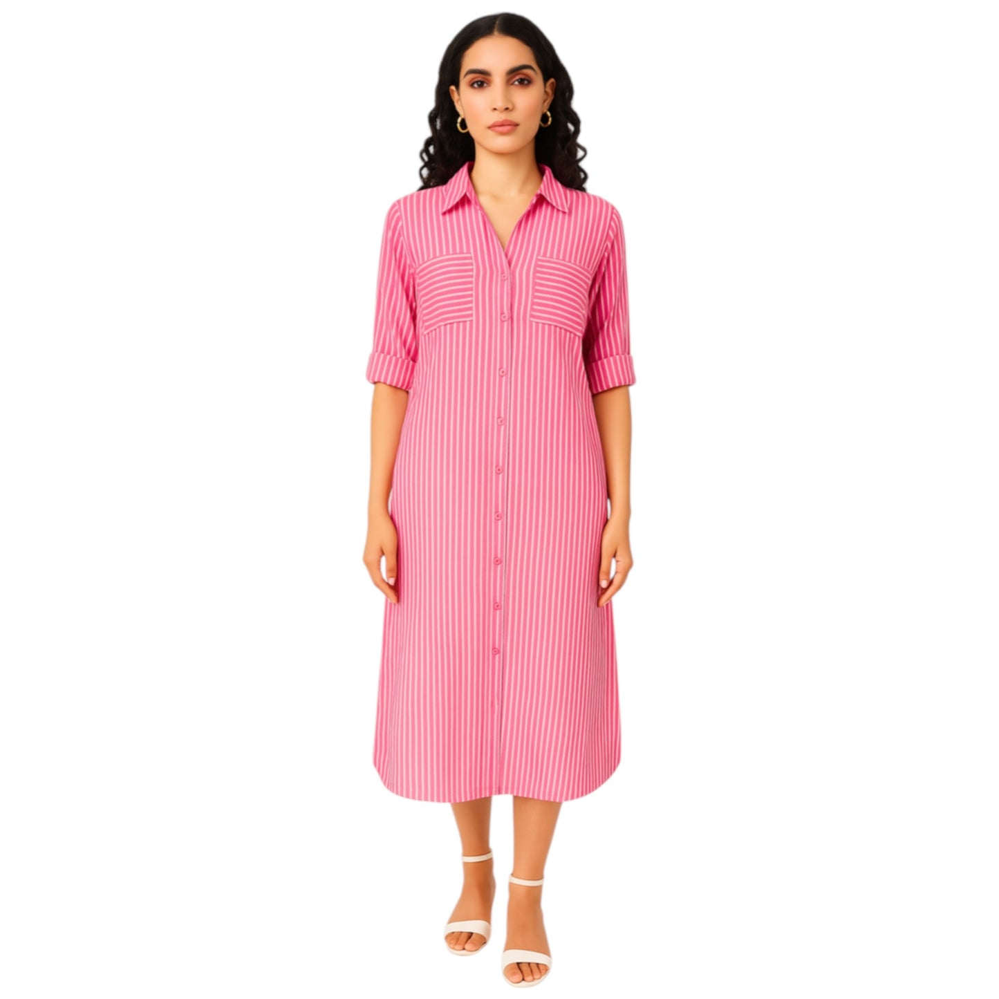 Women's fuchsia pink striped long shirt dress with button front, rolled sleeves, and collared neckline – casual midi dress for everyday wear.