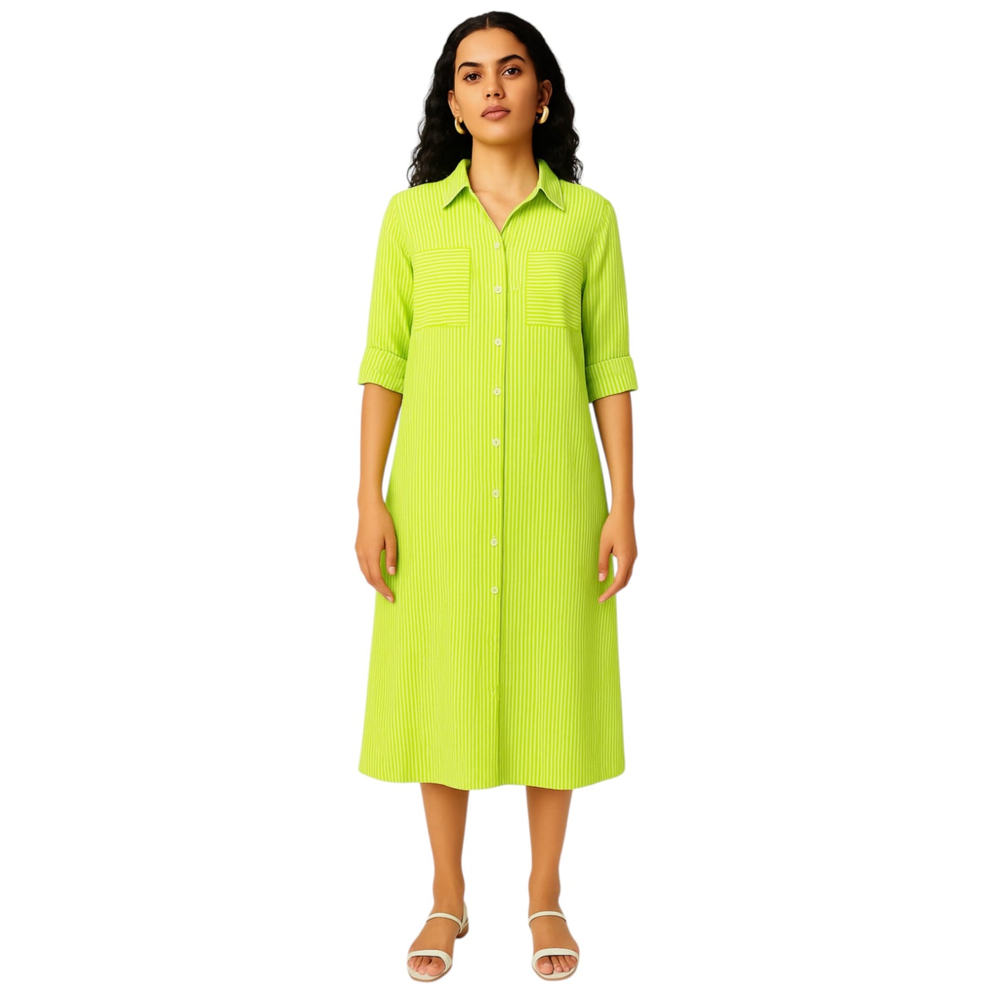 Women's lime green striped long shirt dress with button front, rolled sleeves, and collared neckline – casual midi dress for everyday wear.