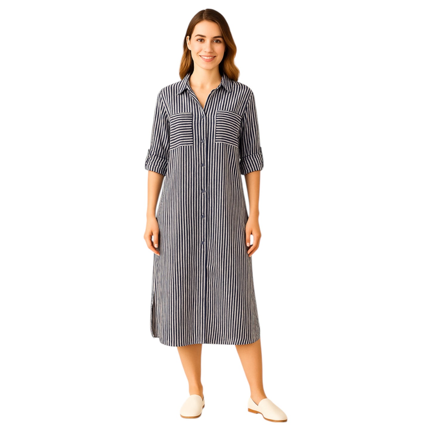 Women's Navy striped long shirt dress with button front, rolled sleeves, and collared neckline – casual midi dress for everyday wear.