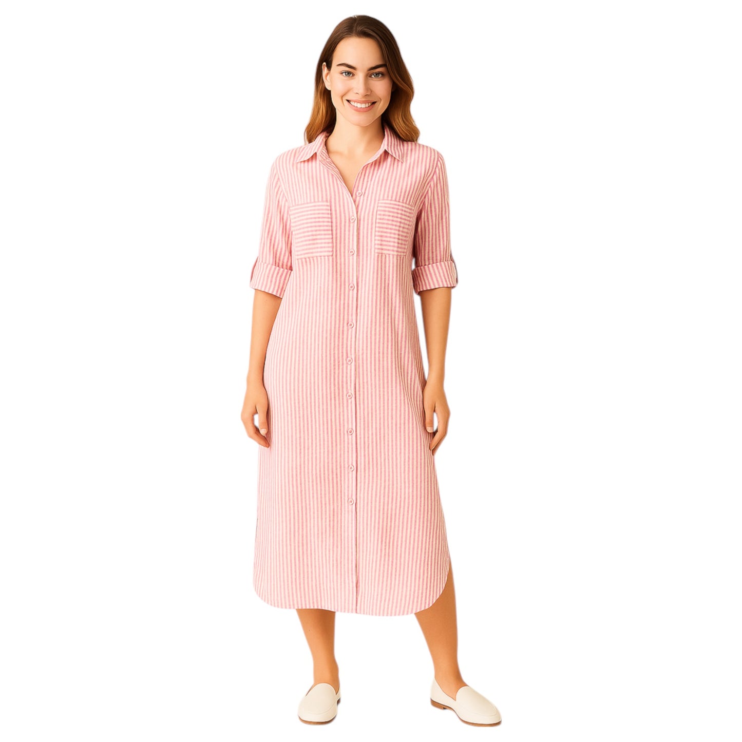 Women's pink striped long shirt dress with button front, rolled sleeves, and collared neckline – casual midi dress for everyday wear.