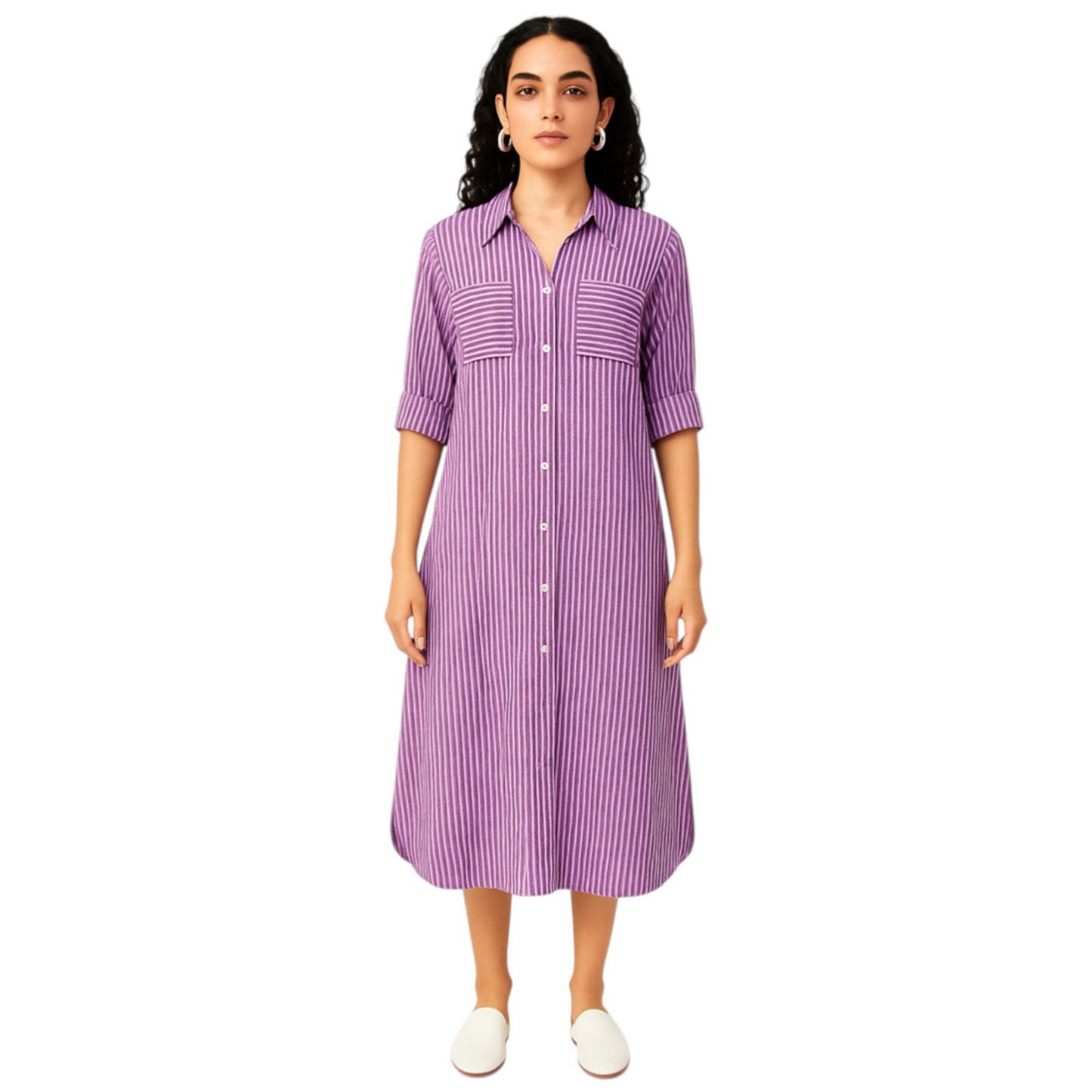 Women's fuchsia purple striped long shirt dress with button front, rolled sleeves, and collared neckline – casual midi dress for everyday wear.