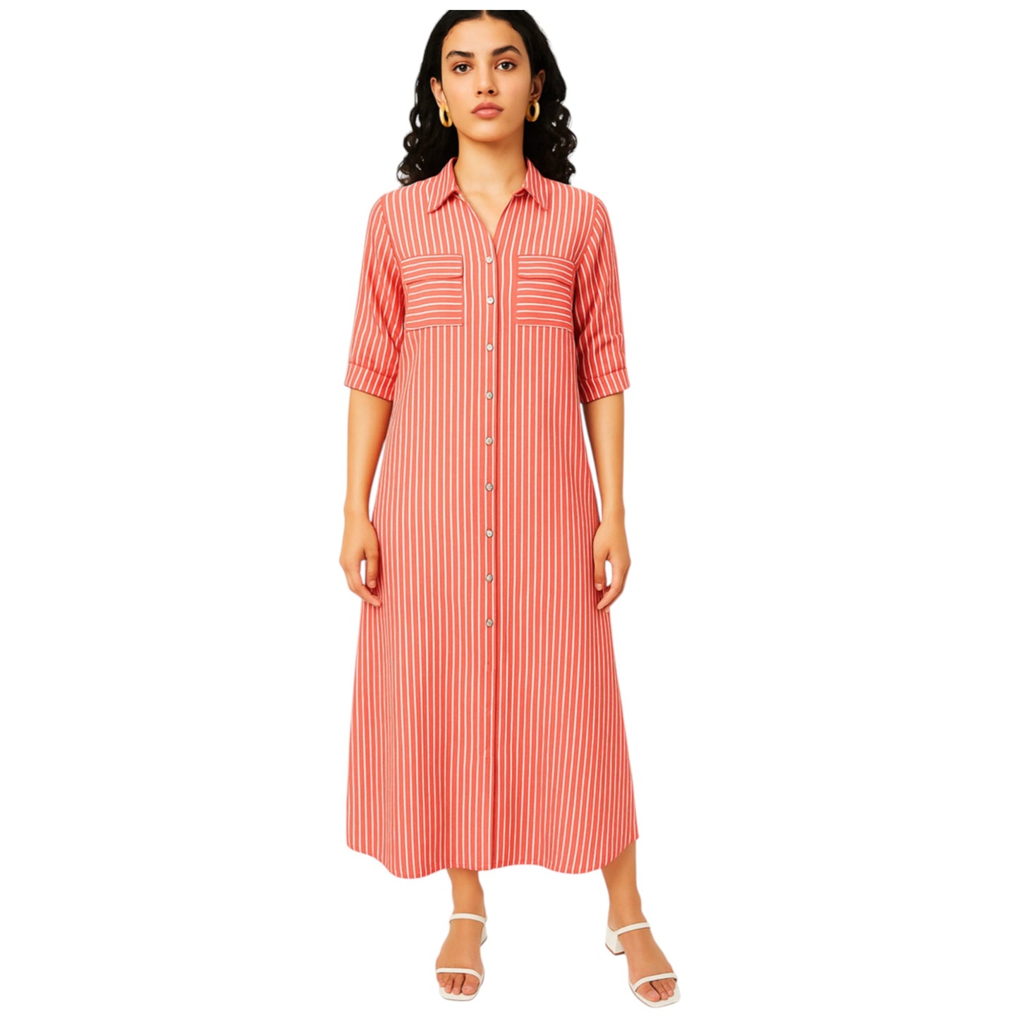 Women's red striped long shirt dress with button front, rolled sleeves, and collared neckline – casual midi dress for everyday wear.