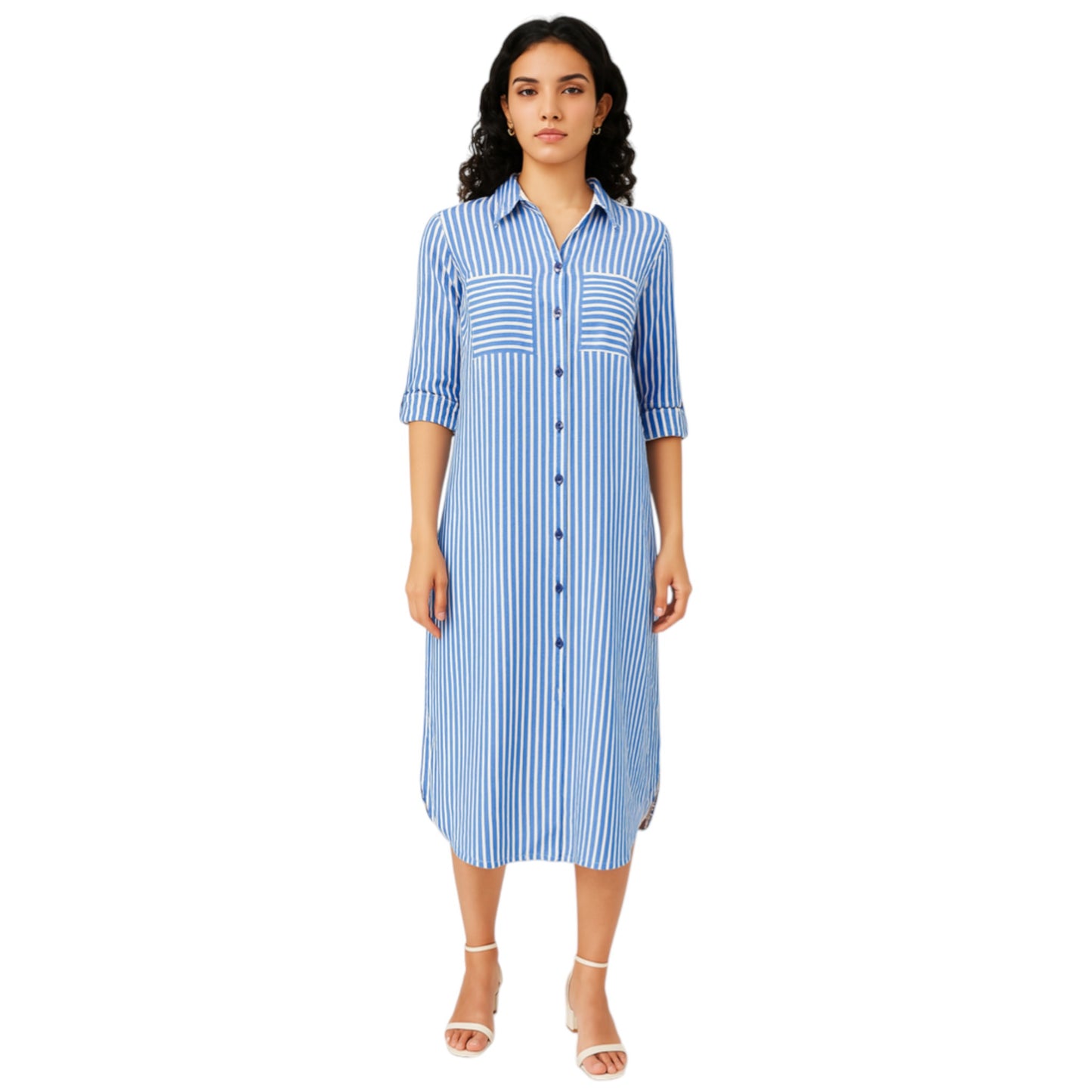 Women's royal blue striped long shirt dress with button front, rolled sleeves, and collared neckline – casual midi dress for everyday wear.