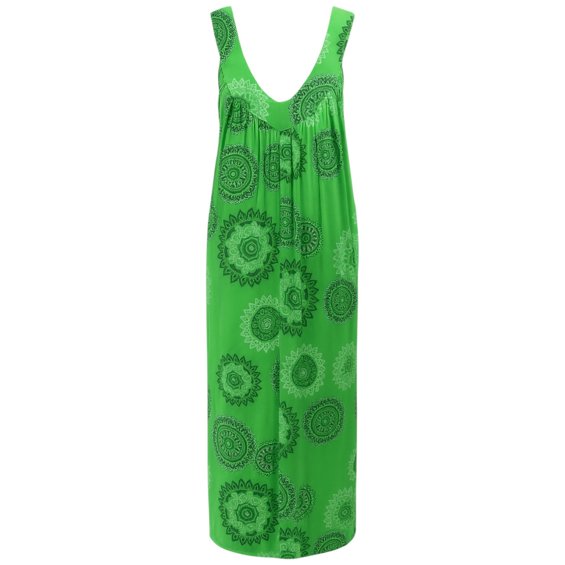 Women's sleeveless green boho summer midi dress with paisley print – lightweight and flowy beach holiday dress